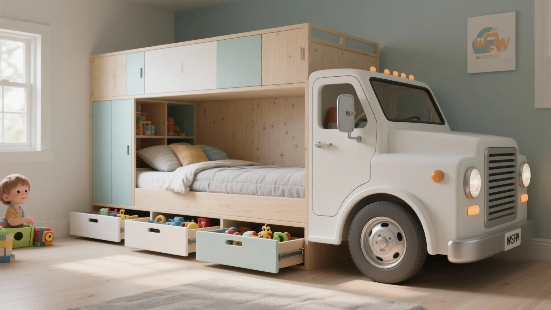 White truck bed for kids with wood storage drawers mint green cabinets and floor toys