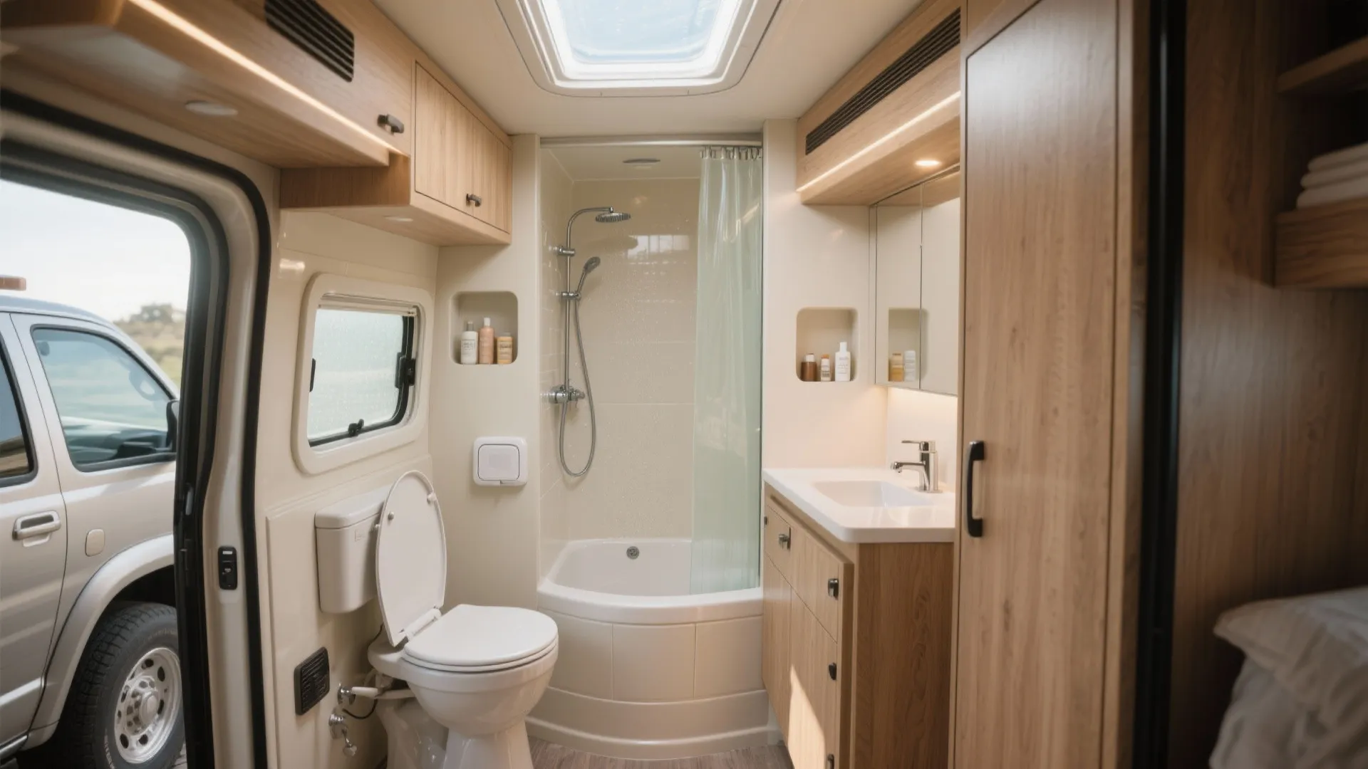 Compact truck camper bathroom featuring a toilet shower sink wooden cabinets and a bright roof window