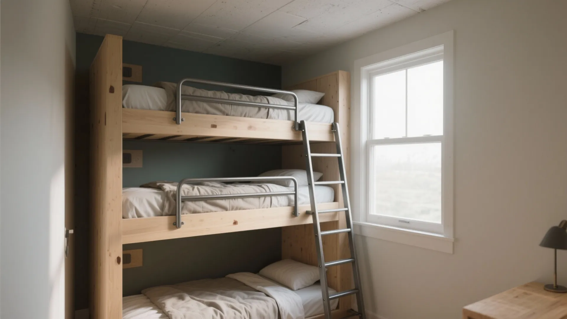 Triple wooden bunk bed with metal ladder next to a window in a bright room