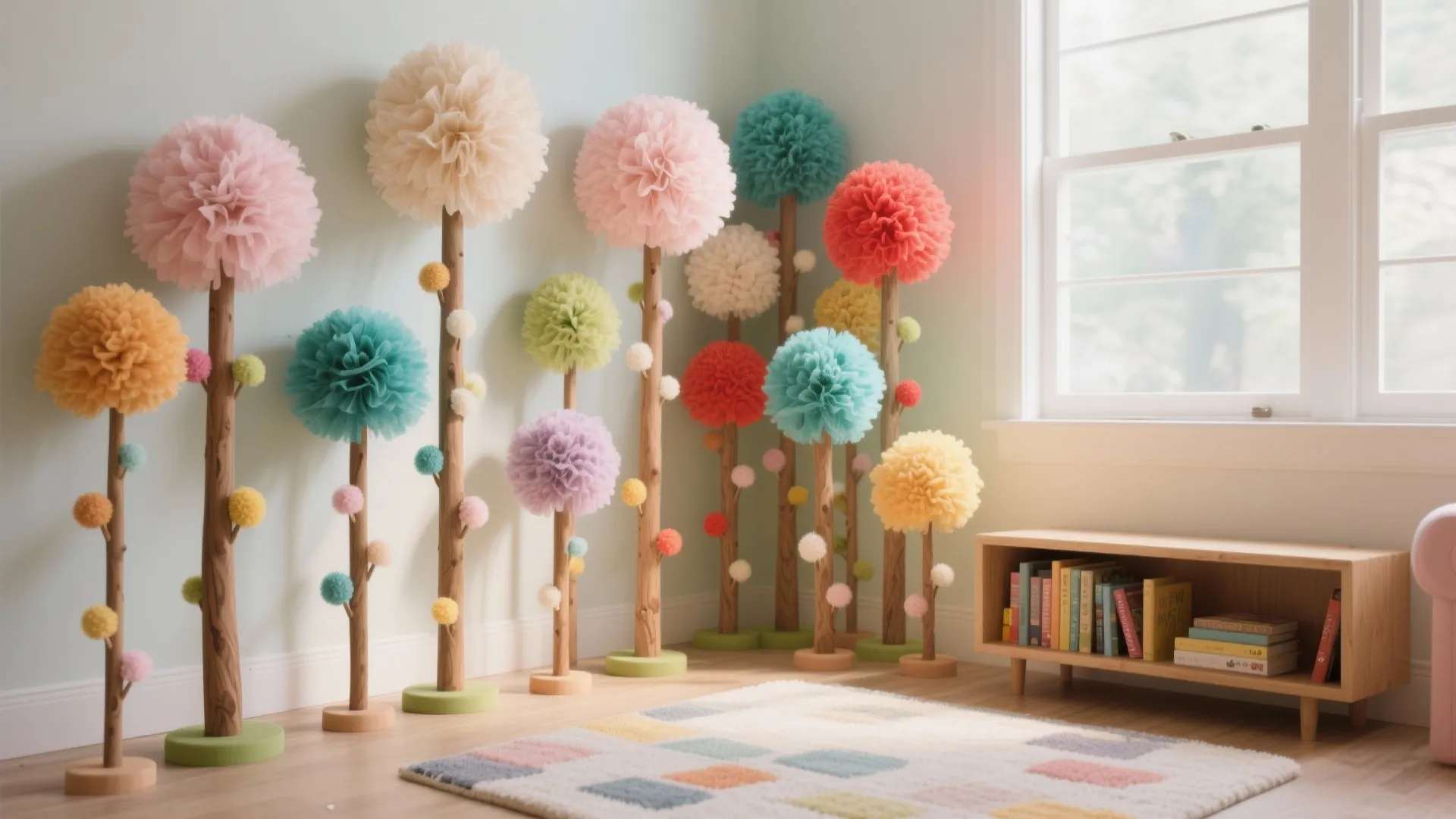 Playroom corner featuring tall colorful pom pom tree decorations wooden bookshelf and a patterned rug