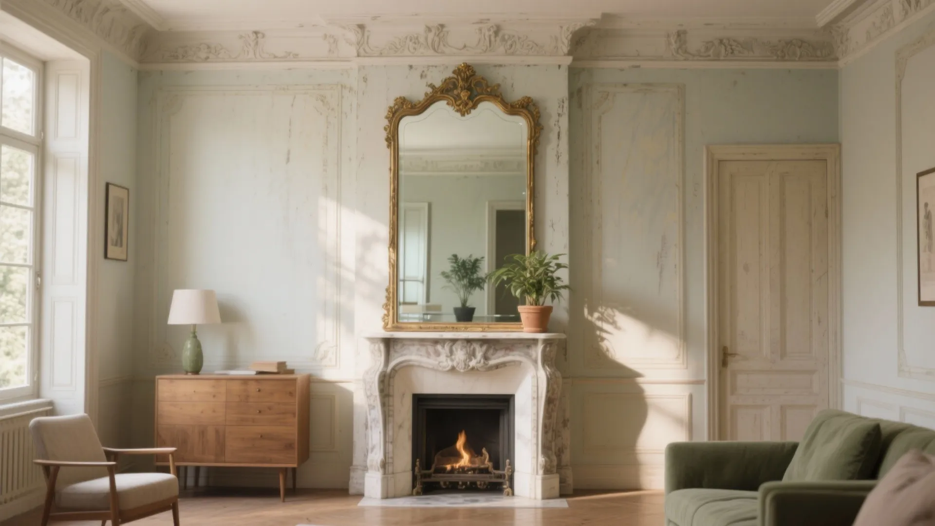 Elegant living room featuring fireplace gold mirror wall panel wooden cabinet green sofa and natural light