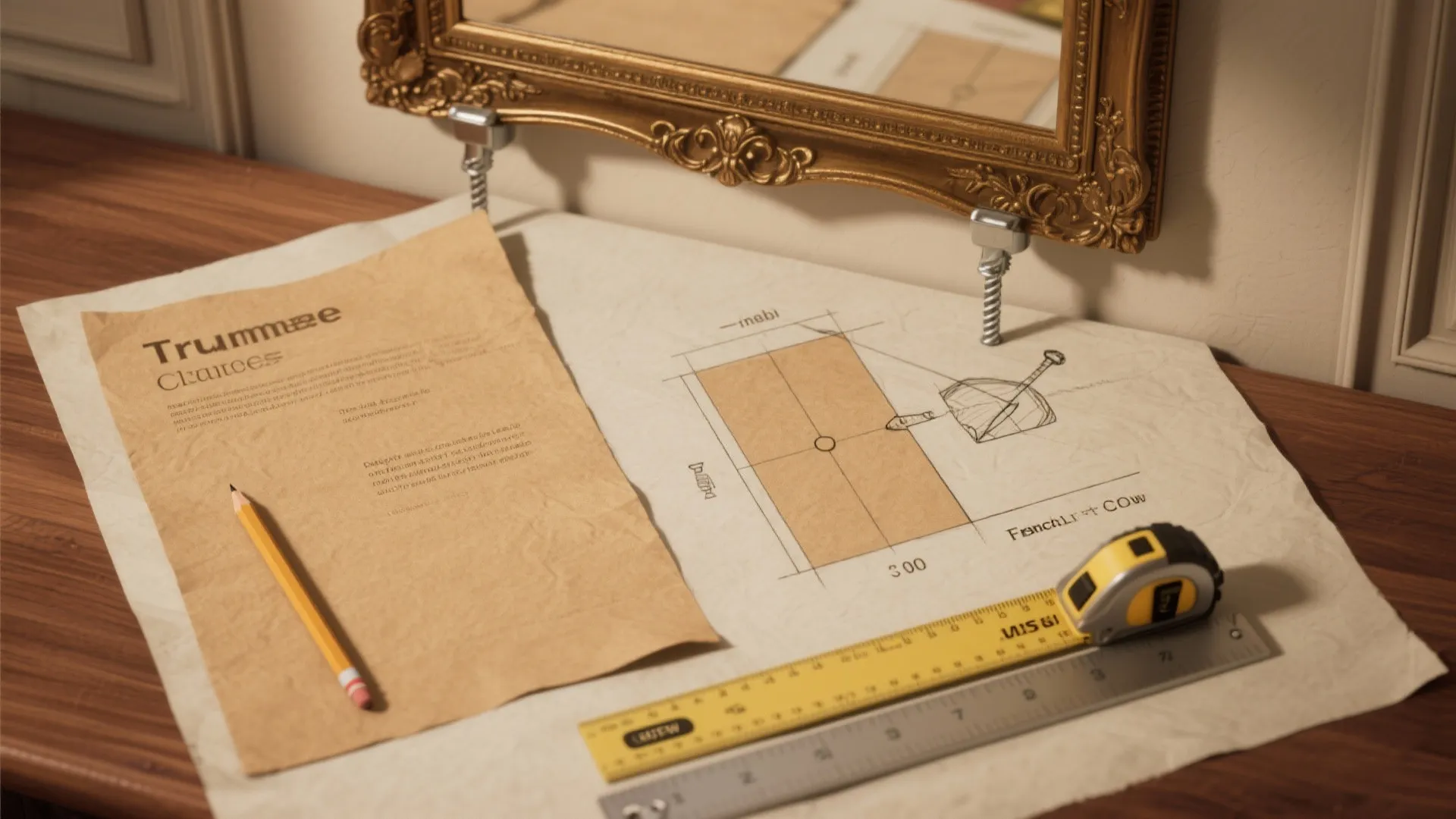 Technical interior design drawing of a mirror panel with pencil ruler measuring tape on wooden desk