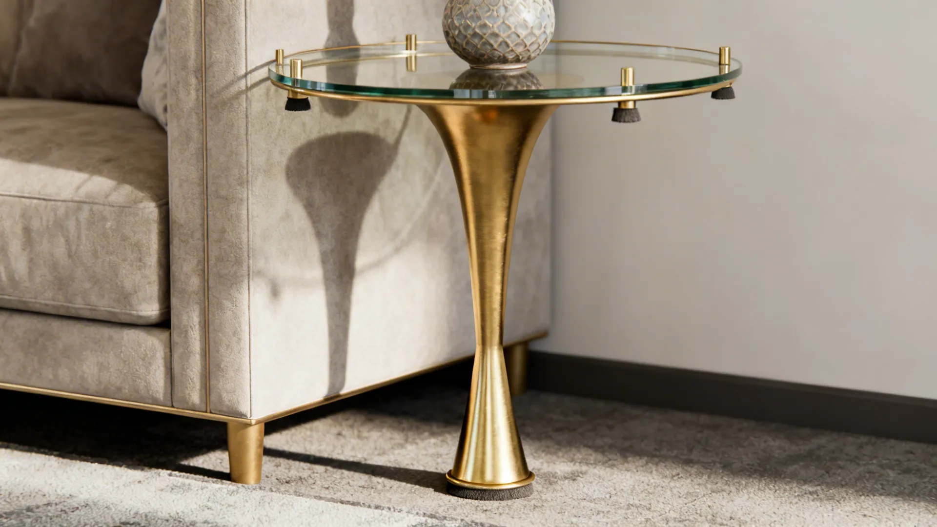 Close-up of a slim trumpet-leg gold side table with a raised tempered glass top in a narrow gap.