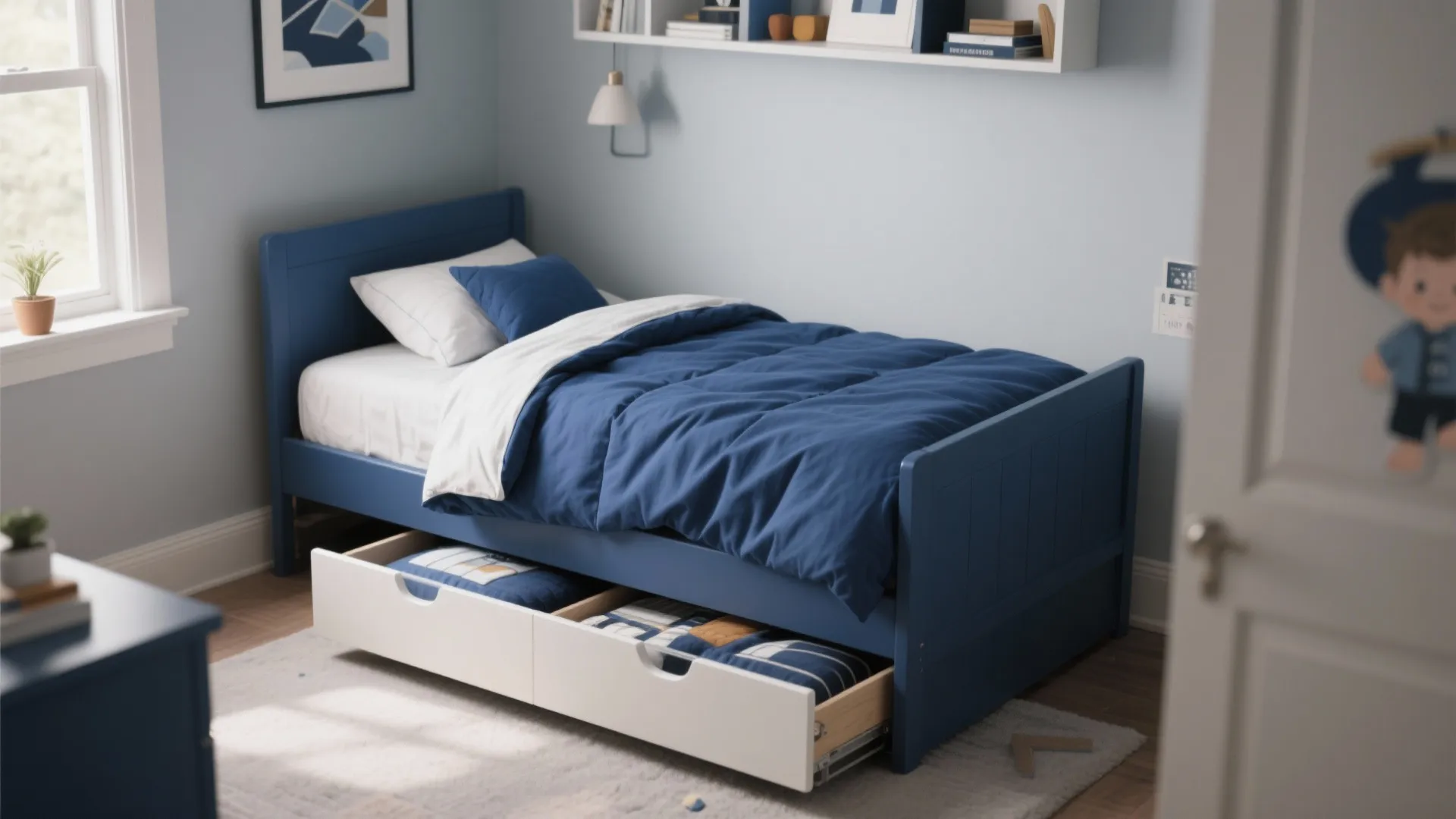 Blue bed with a white pull out drawer underneath showing extra pillows and blue bedding