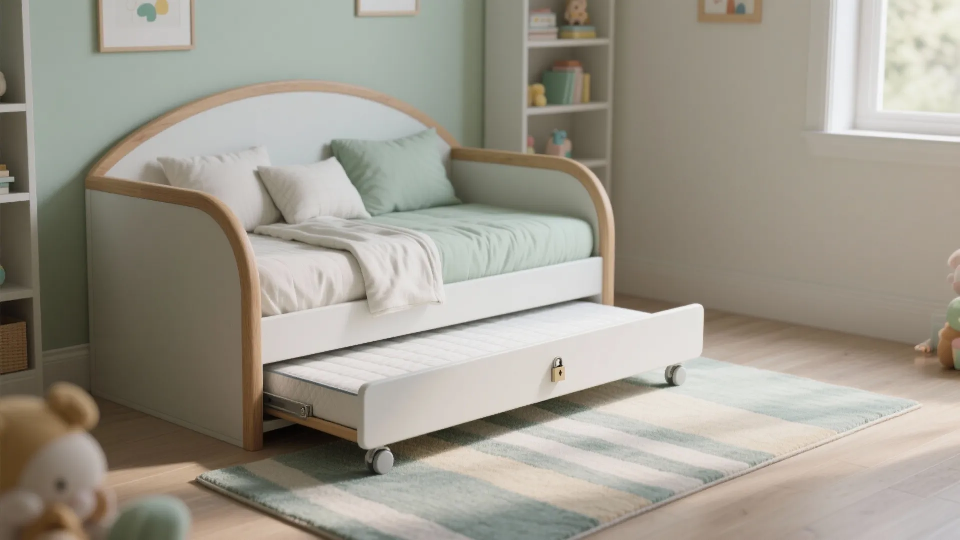 Minimalist white sofa bed with light wood trim and a pull out second bed on wheels