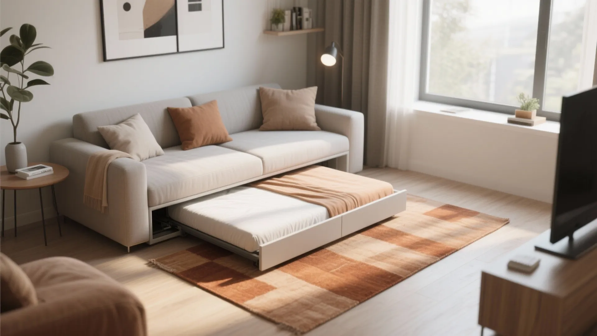 Beige living room sofa with a pull out bed stored underneath on an orange checkered rug