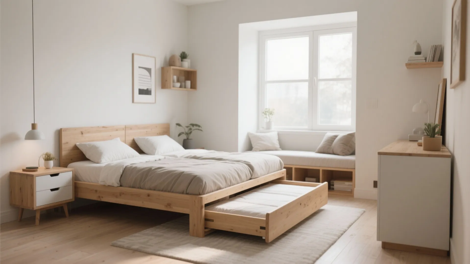 Light wood bed with pull out trundle bed in minimalist bedroom with window and cabinet