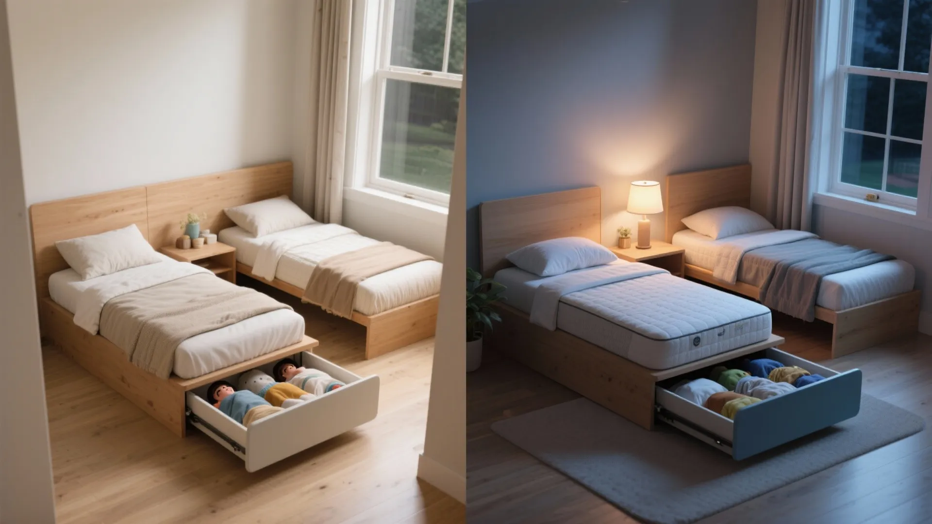 Before and after comparison of twin beds with storage drawers in day and night lighting