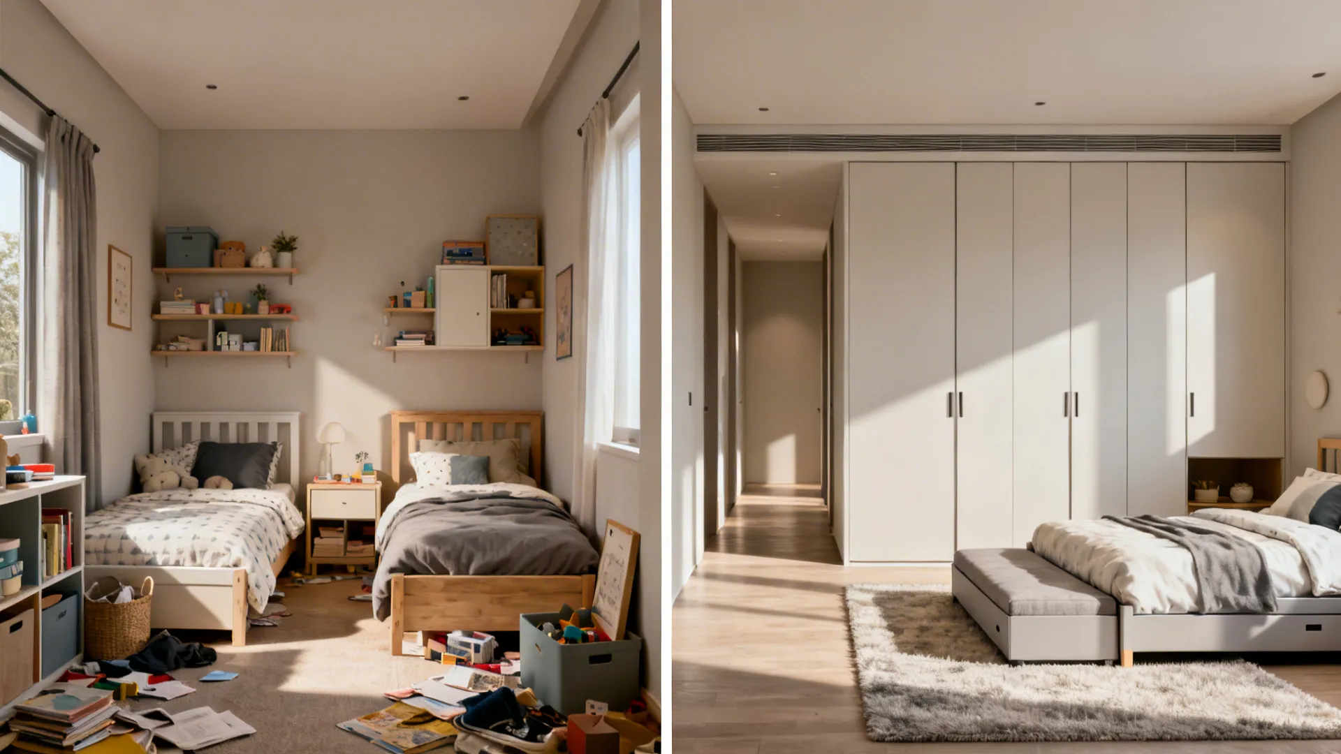 Before-and-after of small sibling room: cluttered two beds versus streamlined trundle and wardrobe wall.