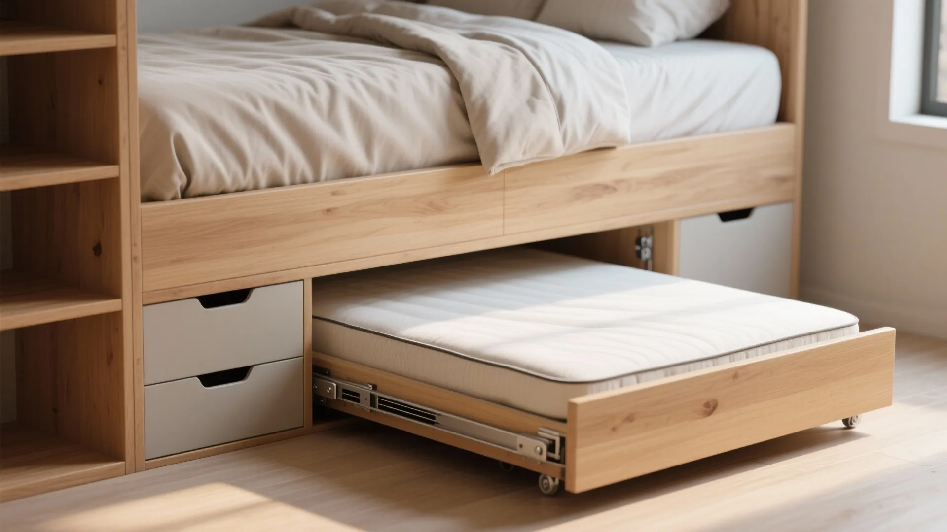 Wooden bed with a pull out mattress on wheels and integrated storage drawers for small rooms