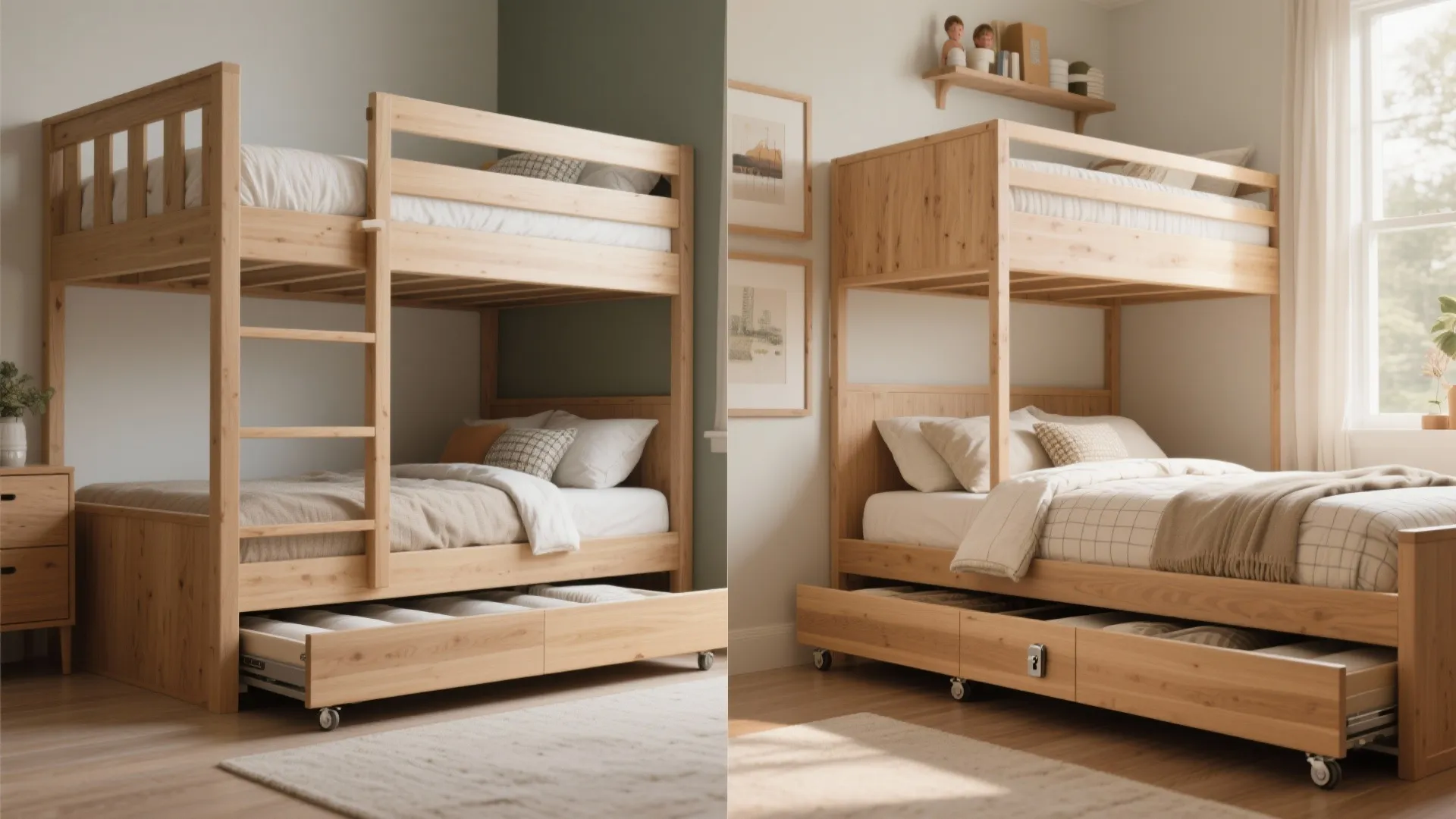 Convertible bunk with a pull-out trundle shown stowed and extended, highlighting casters and clearance in a small room.