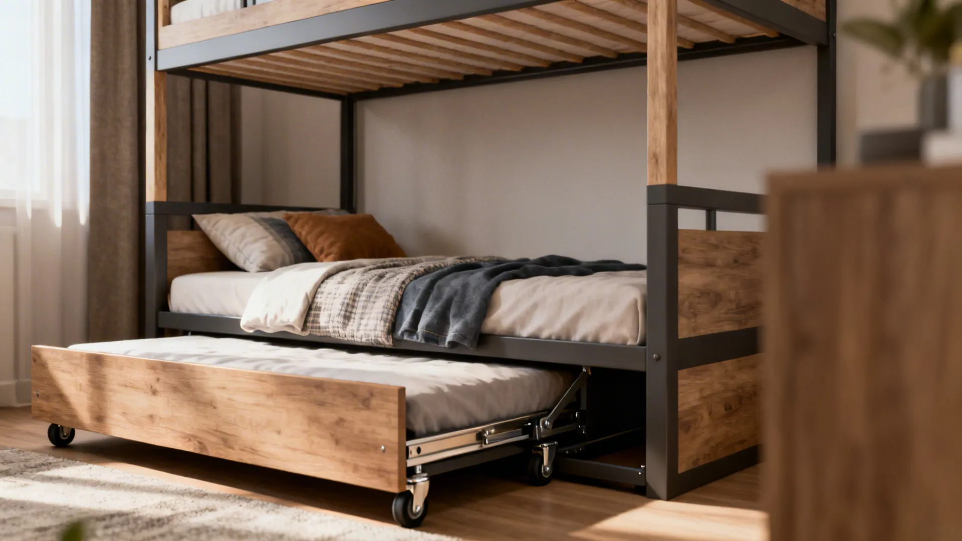 Top bunk paired with a pull-out trundle bed showing casters and low-profile mattresses