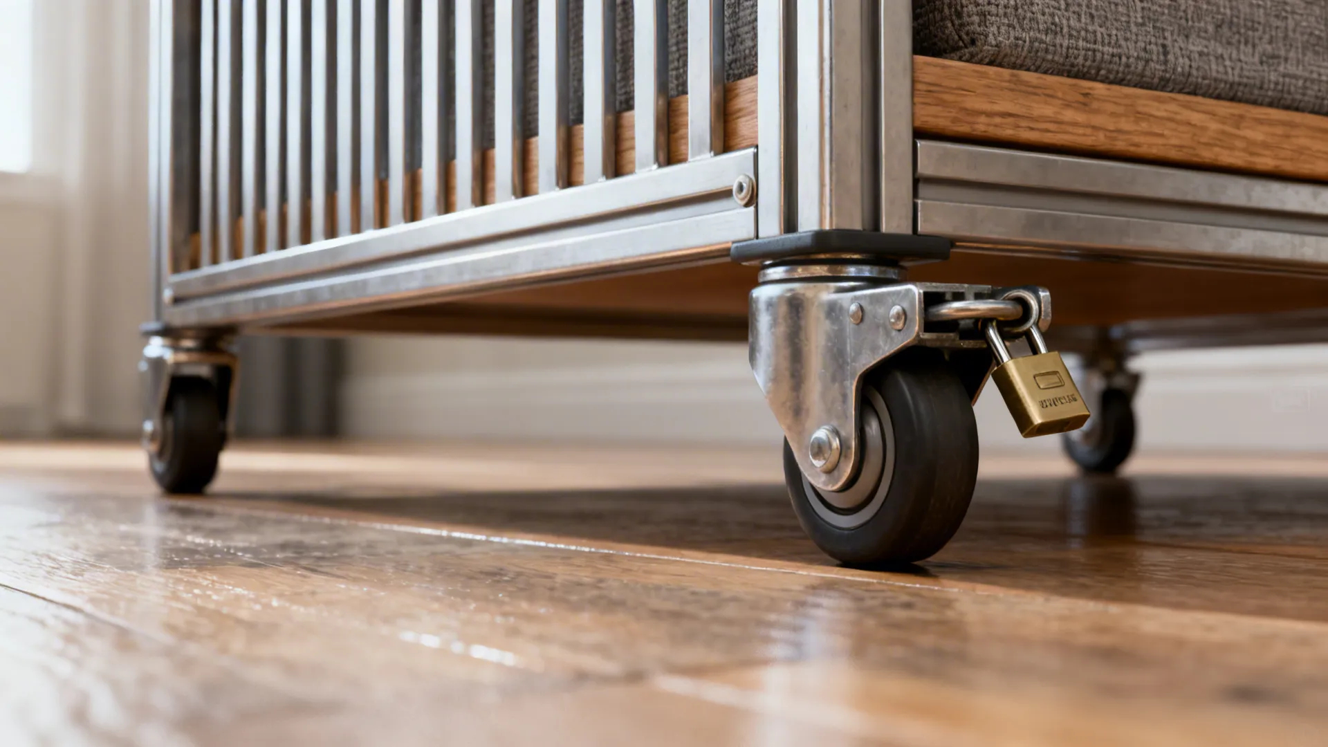 Close-up of trundle casters with locking mechanism on wood floor.