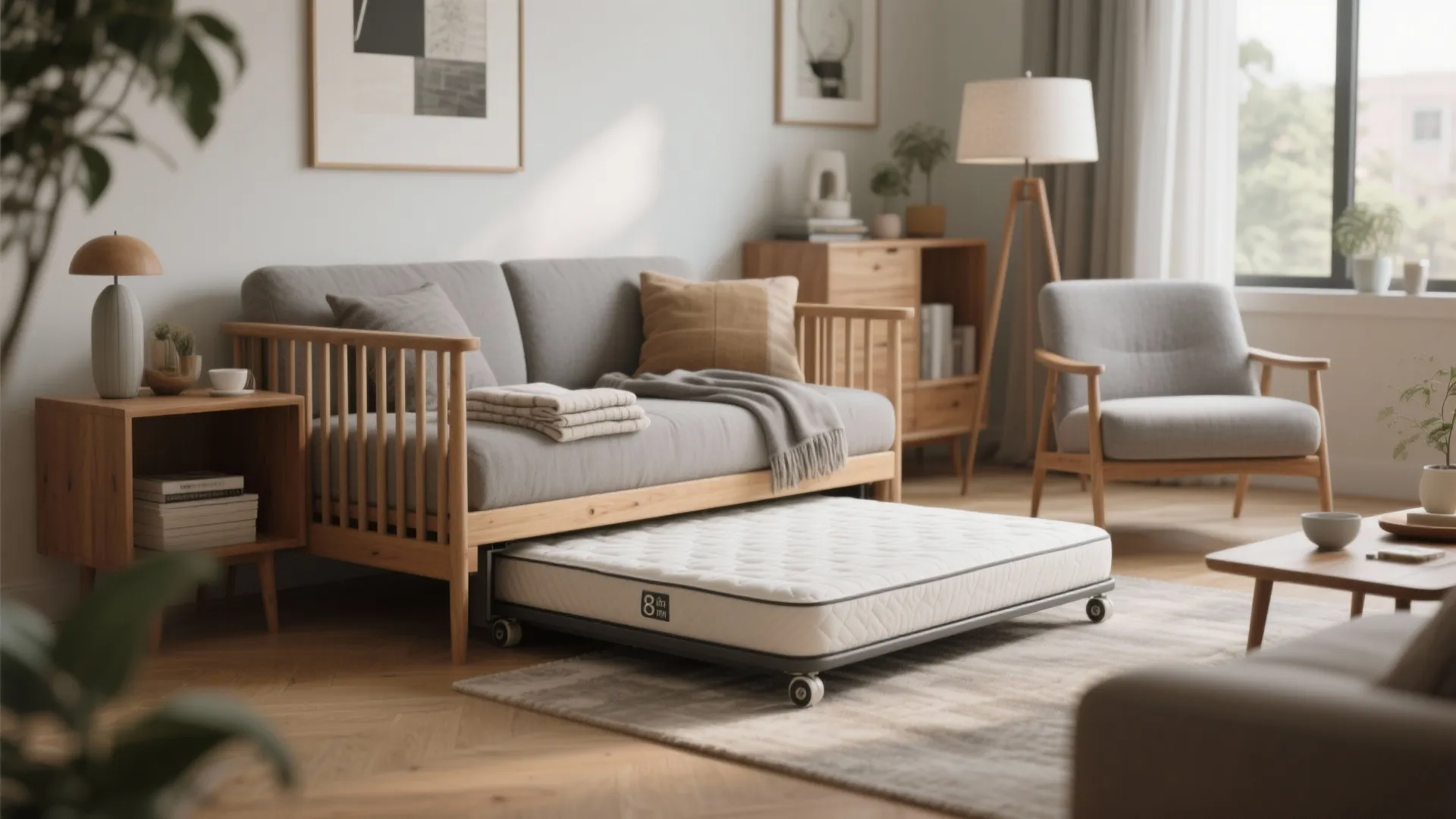 Grey sofa with a pull out mattress on wheels underneath in a modern living room