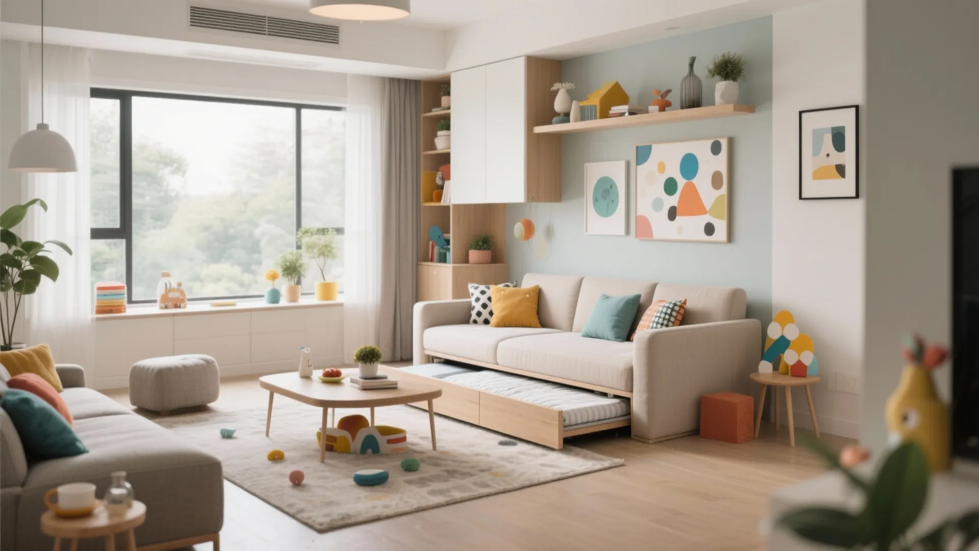 Daybed with trundle in bright, family-friendly living space