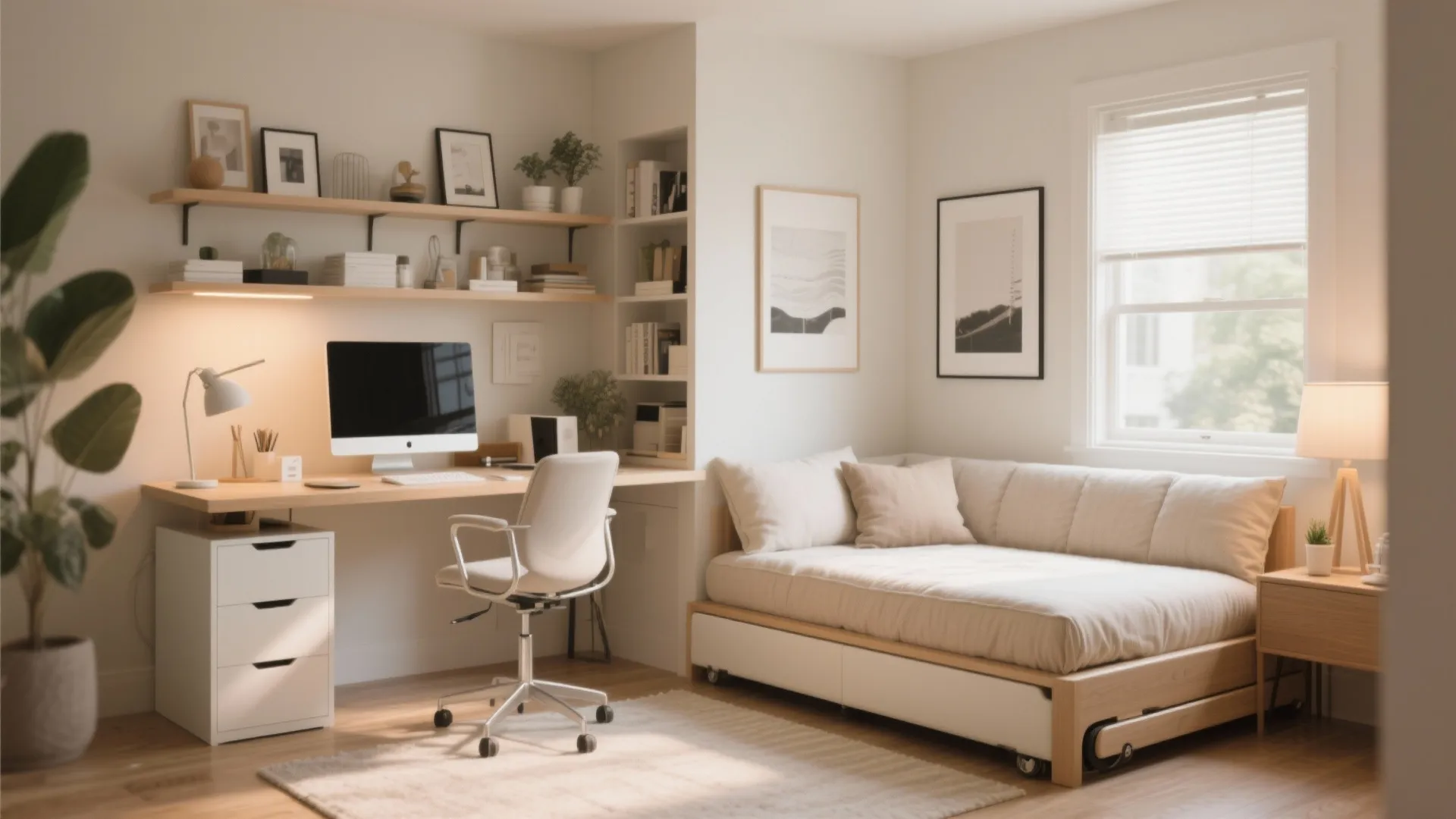 Home office with trundle daybed serving as guest bed