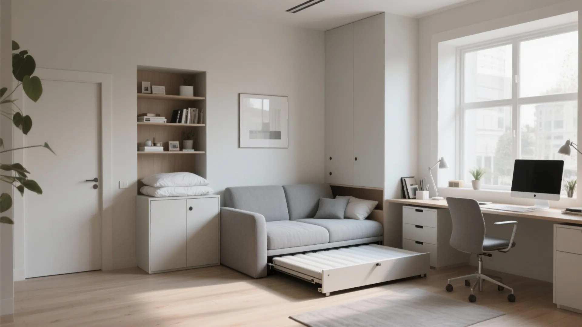 Modern white home office featuring grey sofa with pull out bed white desk and computer