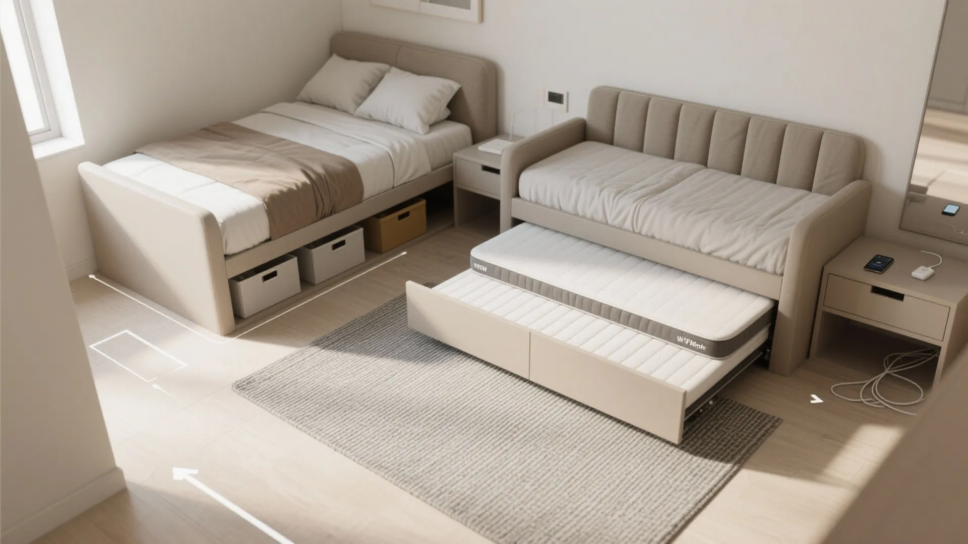 Storage-rich trundle daybed for guests