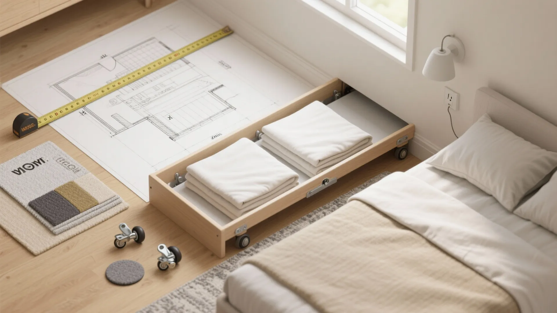Top-down flat lay of trundle planning essentials: tape measure, floor plan sketch, bedding sets, rug swatches, and locking casters.