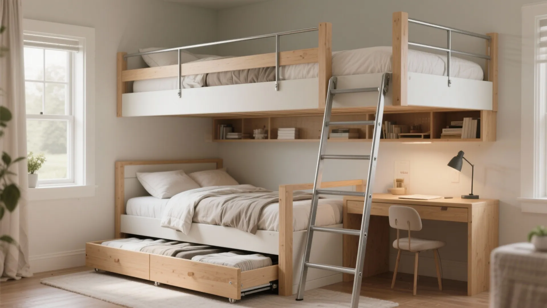 Modern kids bedroom with white bunk bed wooden ladder desk and pull out trundle bed