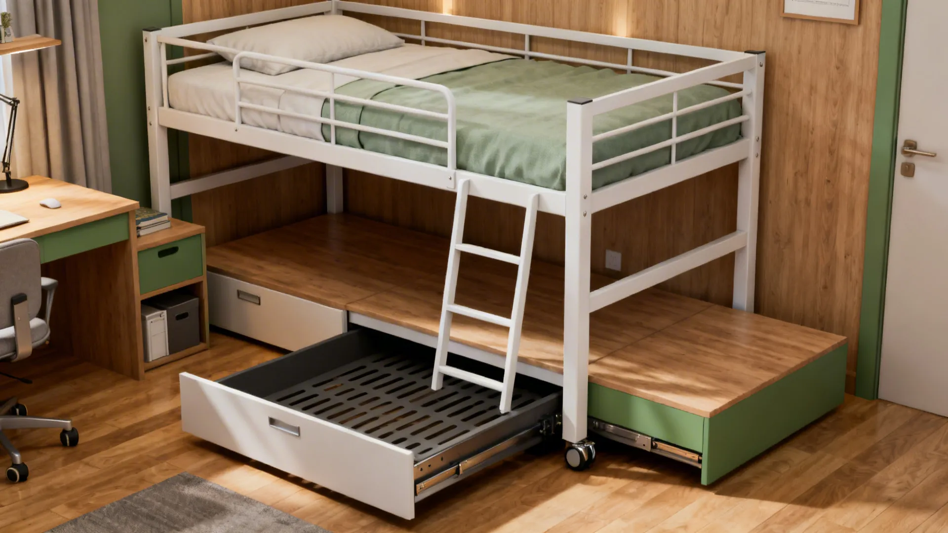 Loft bed with rollout trundle and clear floor length for smooth operation.