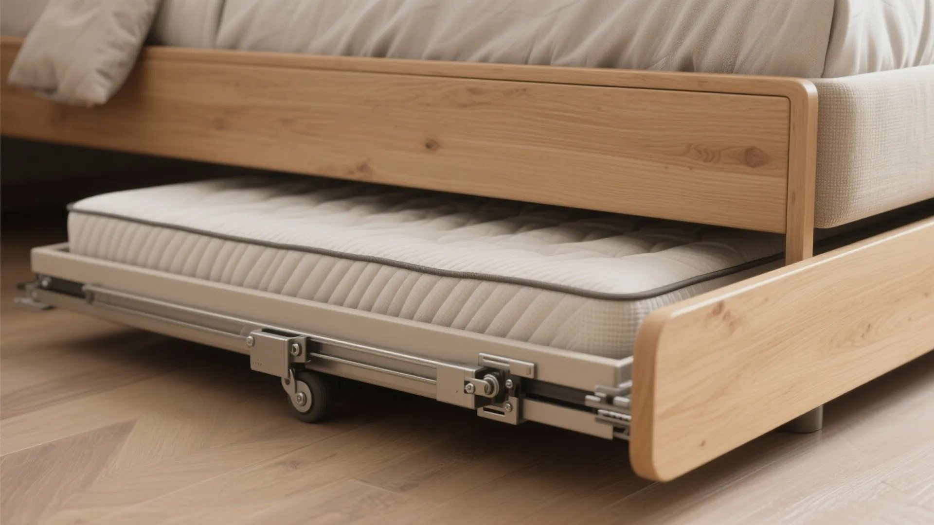 Close up of a wooden bed frame showing a pullout bed with mattress on wheels