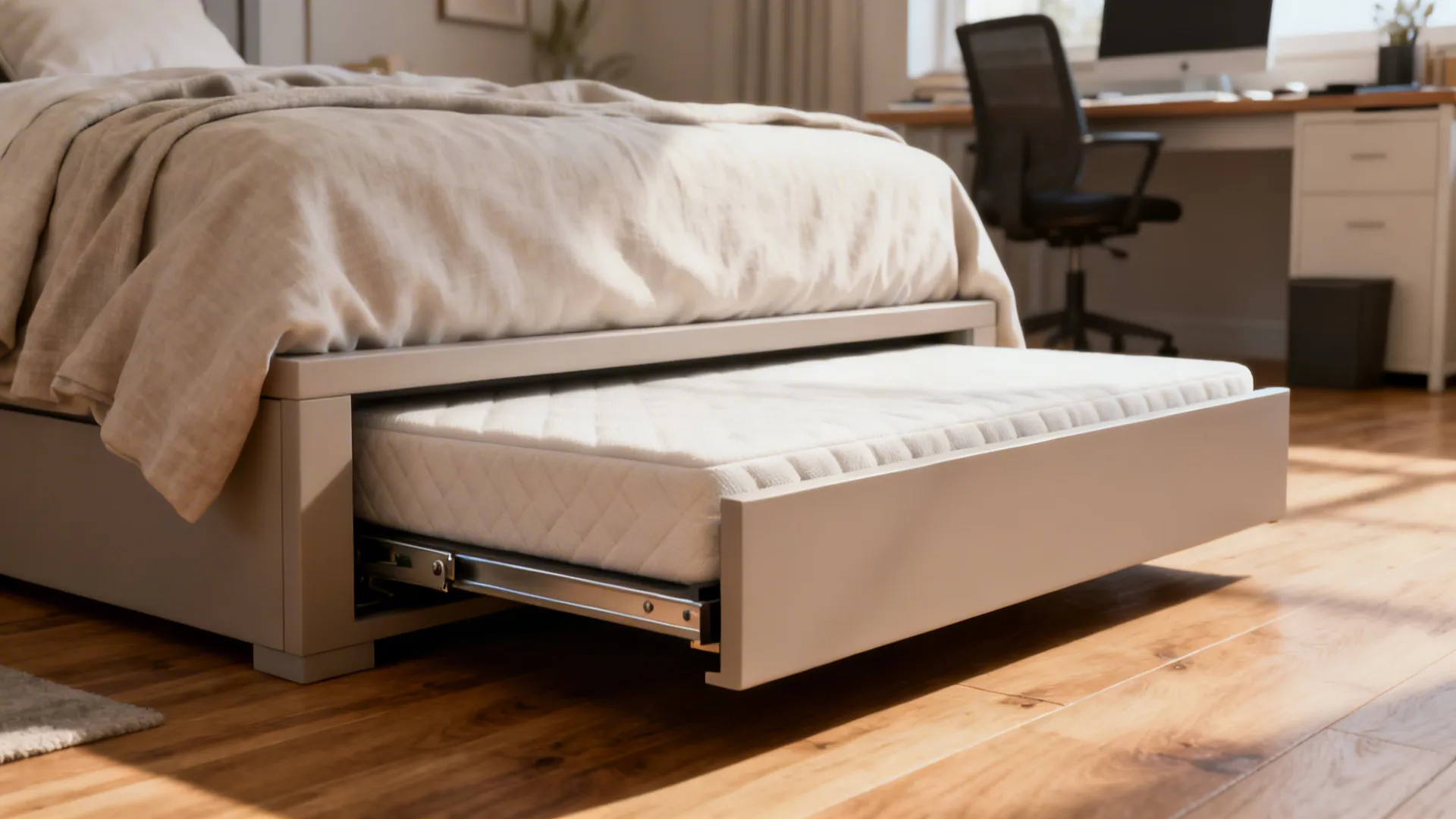 Close-up of a twin bed with a flush pull-out trundle and visible mattress thickness.