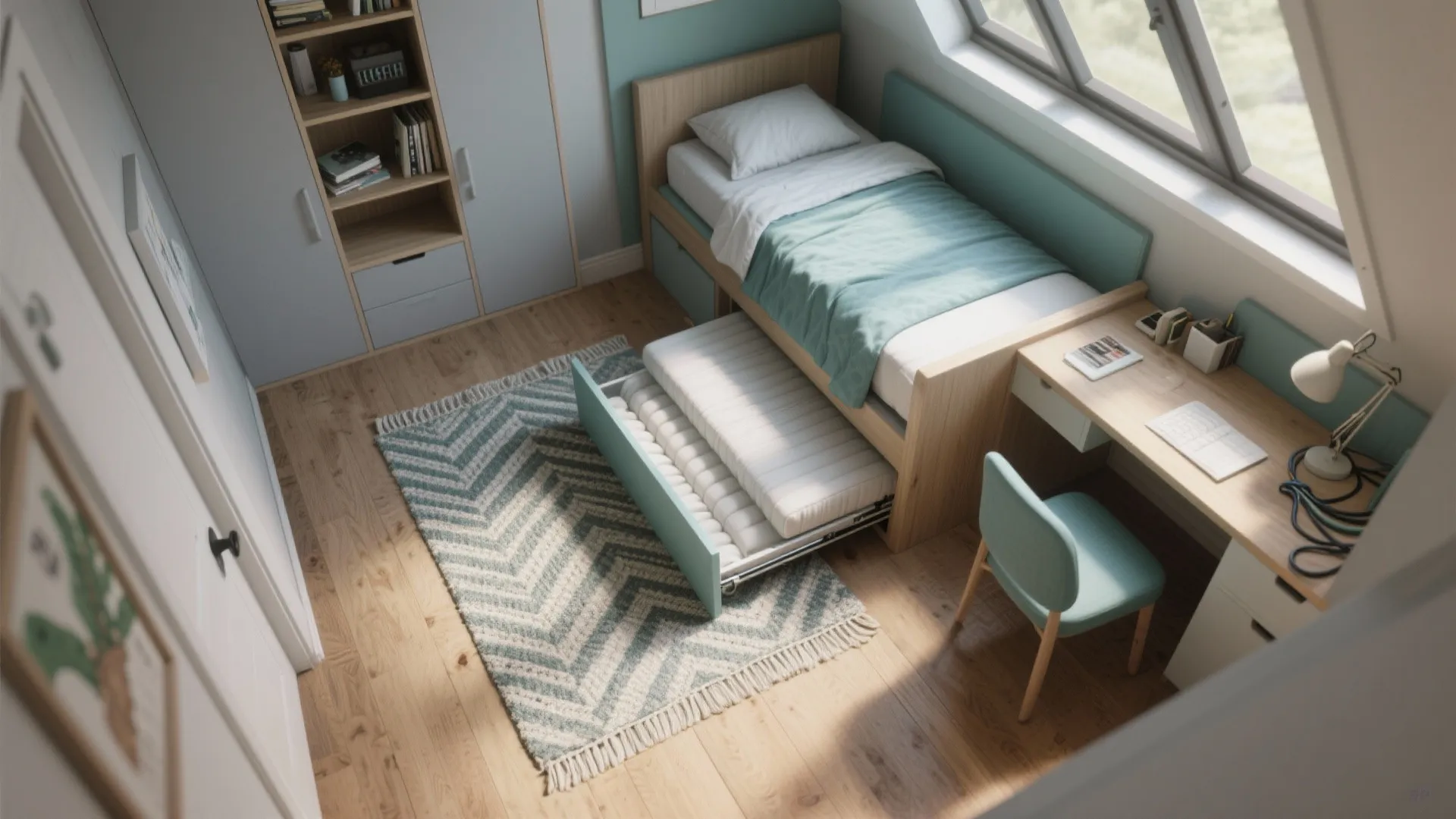 4. Trundle bed with study nook — flexible sleep setups