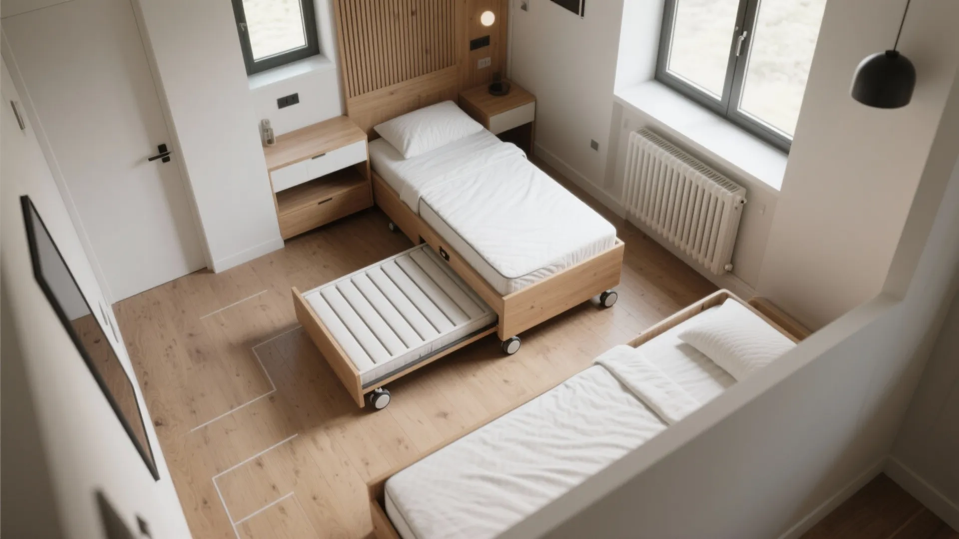 Top view of a wooden bed with a pull out trundle bed on small wheels