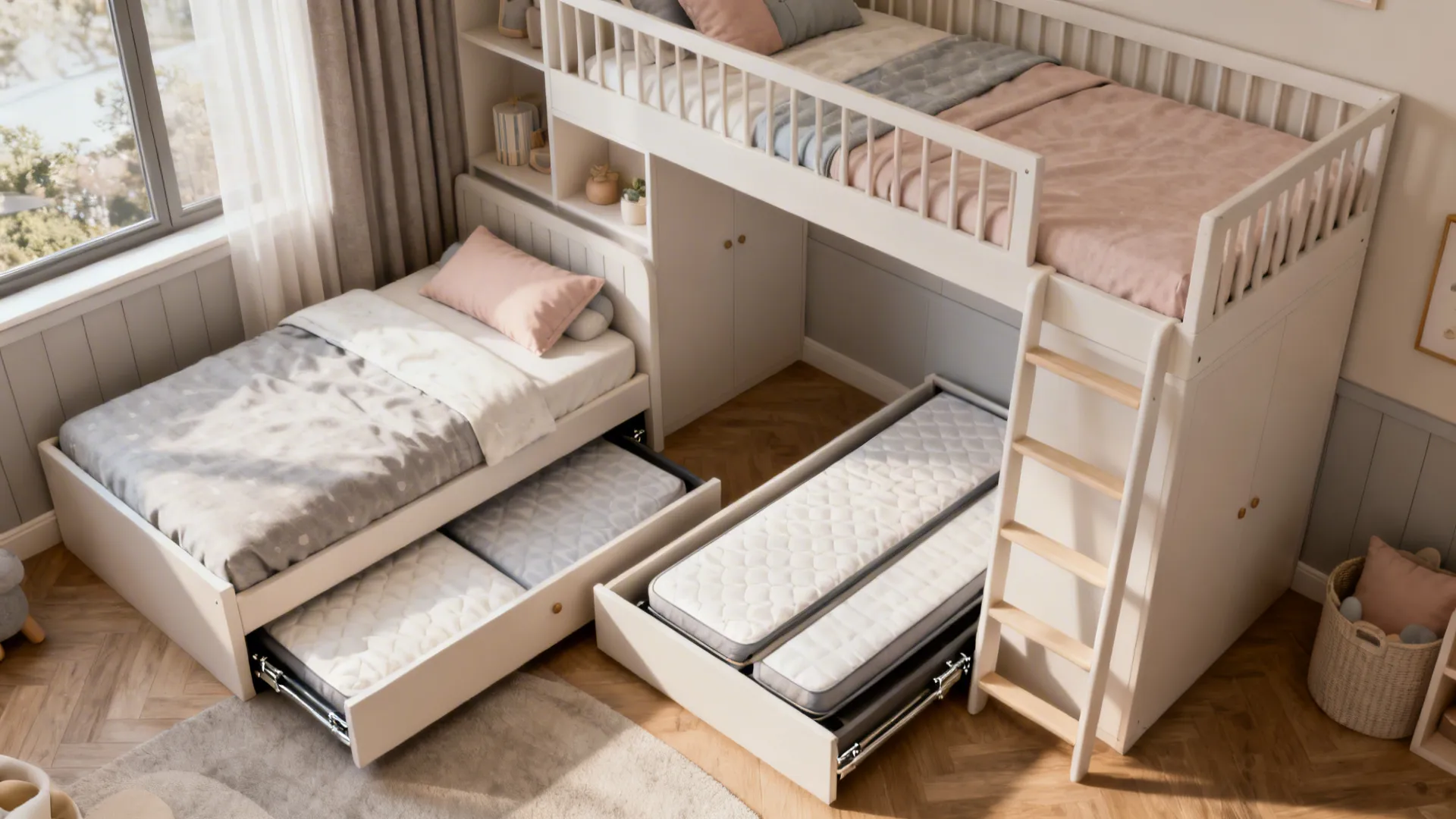 Modern white bunk bed with pull out trundle beds in a bright kids bedroom interior