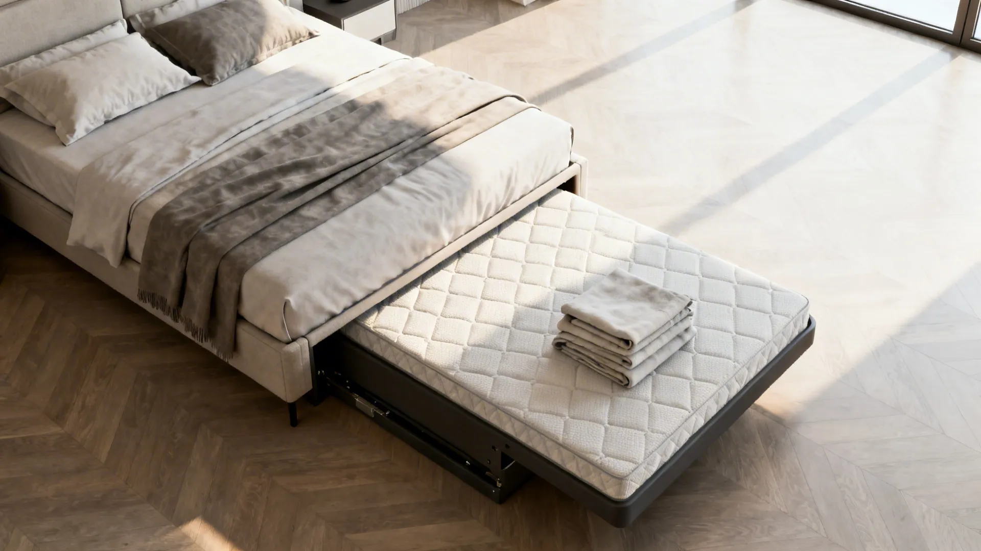 Top-down comparison of a bed with a reinforced trundle pulled out showing circulation