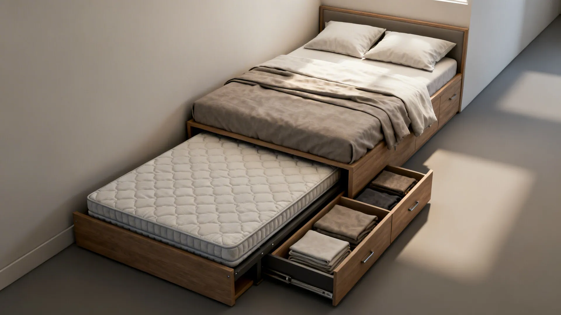 Wooden single bed with pull out extra mattress and open storage drawers for folded sheets