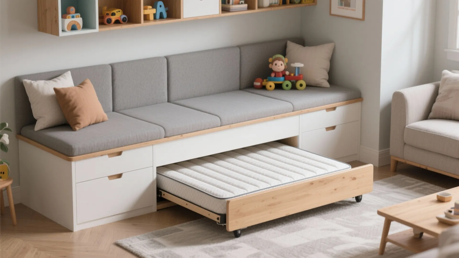 Slim trundle bed pulled out from under a built-in bench with cushions and storage above.