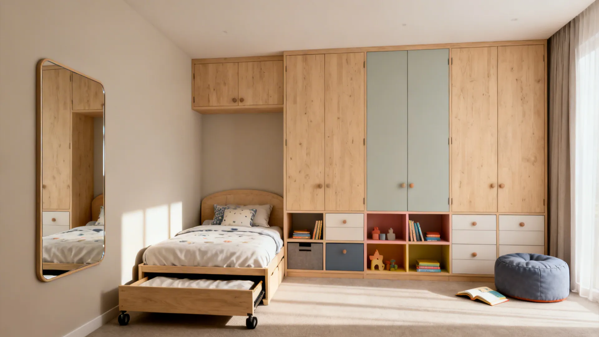 Twin bed with pull-out trundle beside a full-height wardrobe wall with drawers and cubbies.