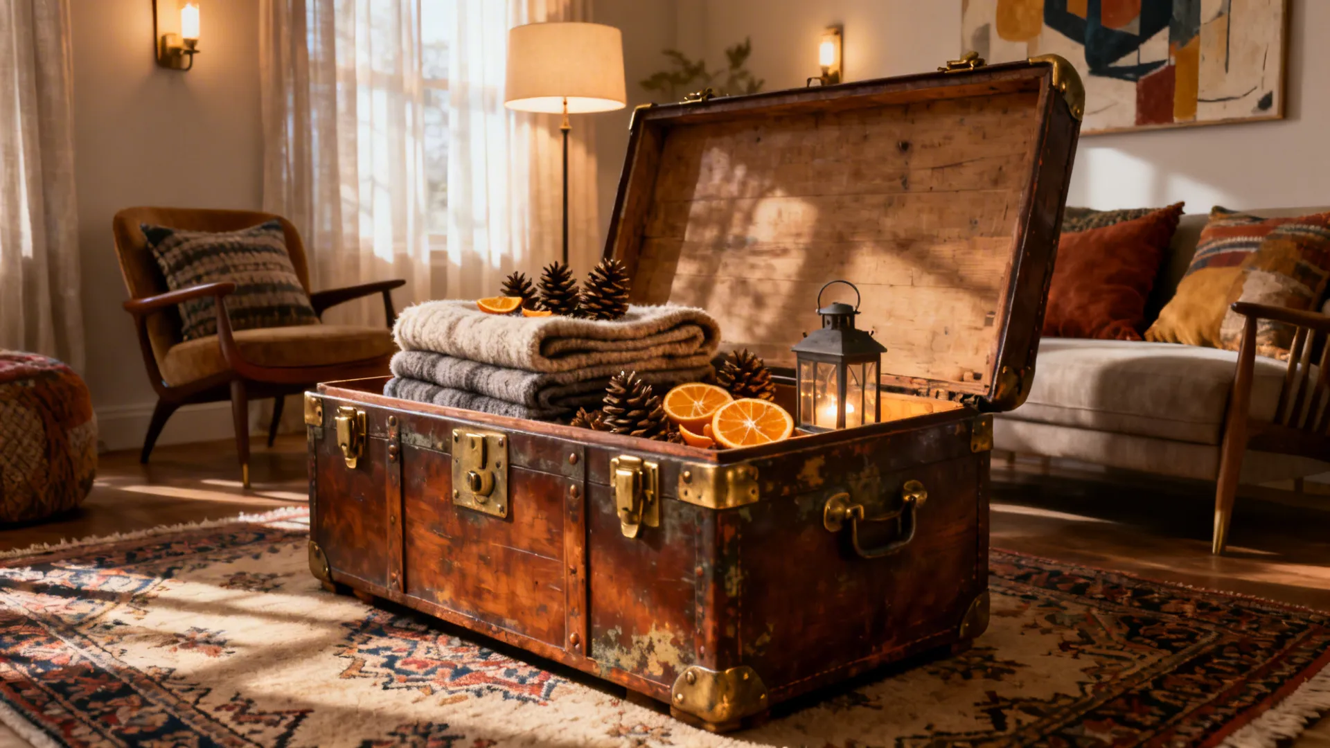 Restored vintage trunk used as a coffee table with the lid open showing blankets inside
