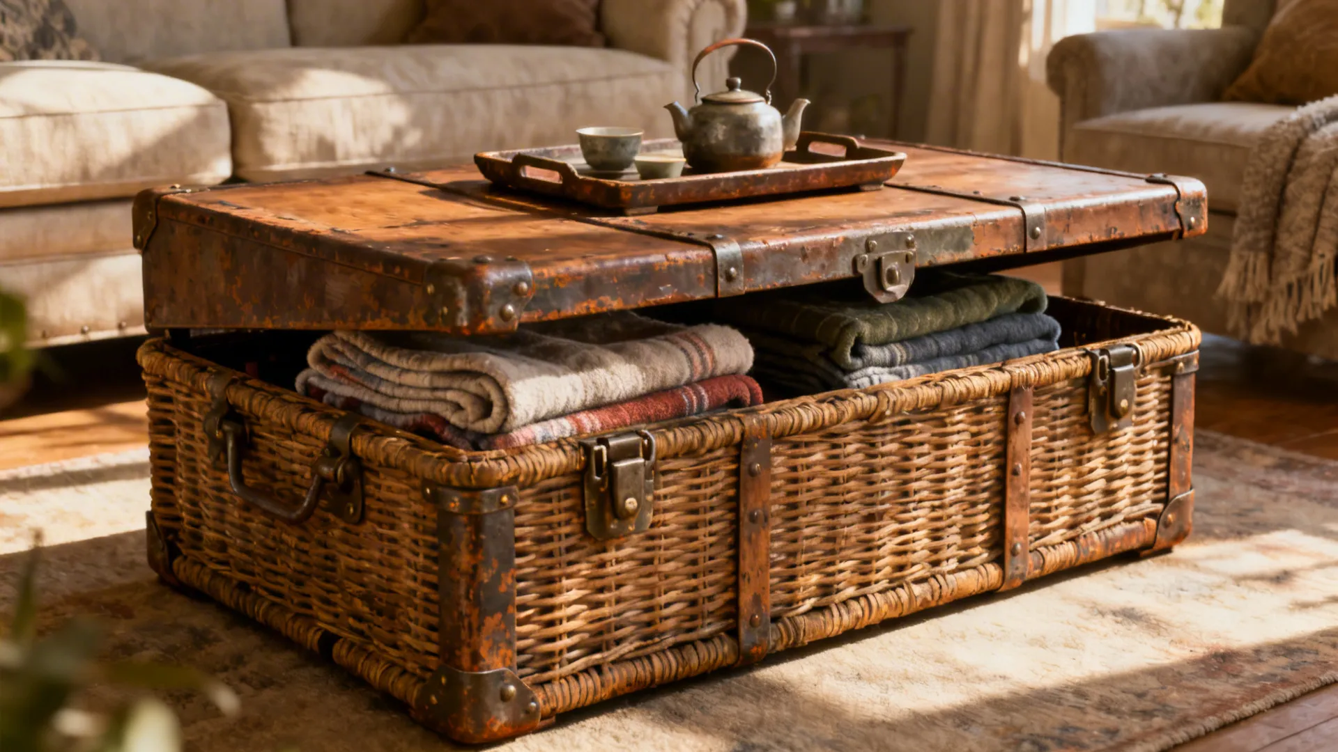 Vintage trunk-style basket used as a coffee table with blankets stored inside and a tea tray on top.