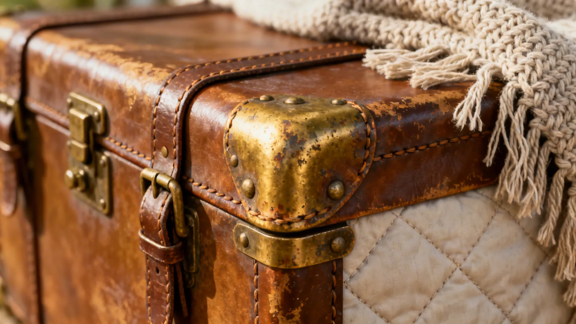 Brown leather storage trunk with brass corners and a soft white cozy knit blanket on top