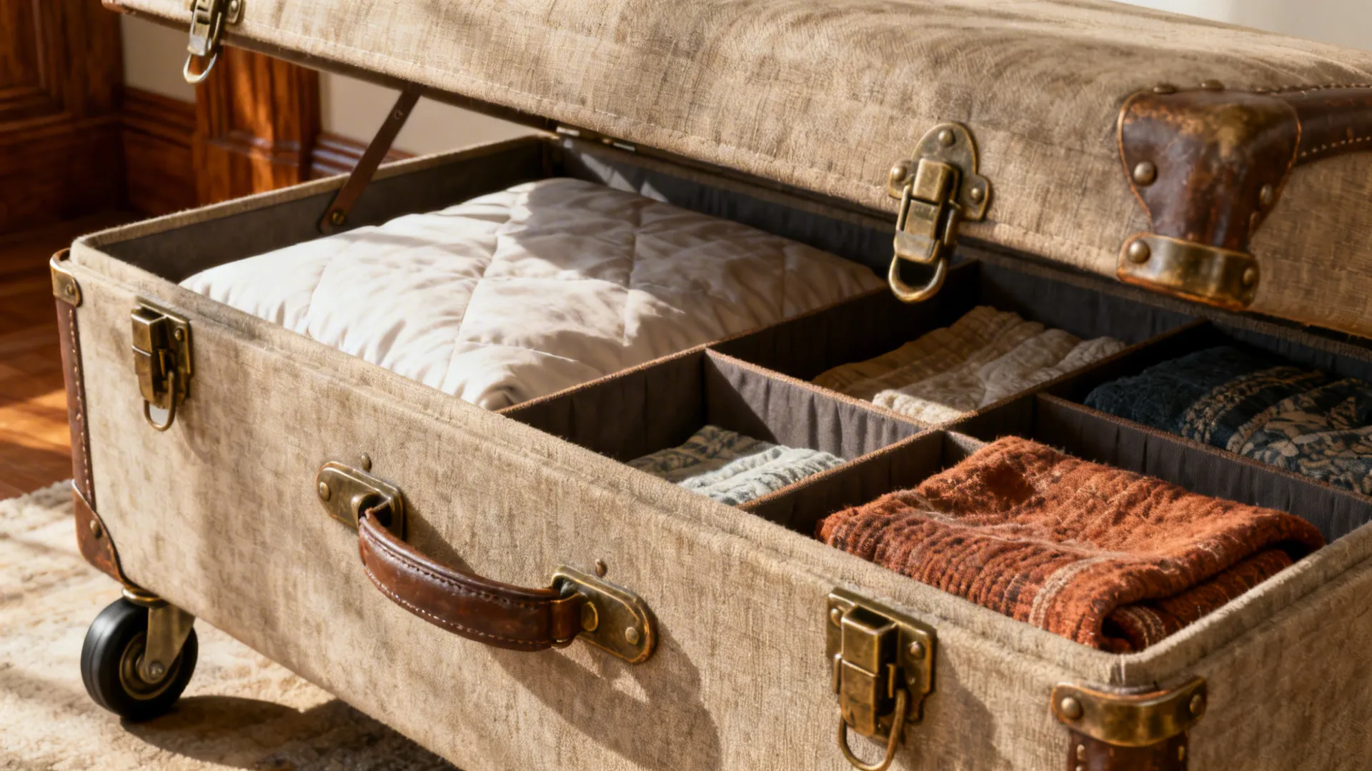 Open trunk-style ottoman with internal dividers storing bulky bedding