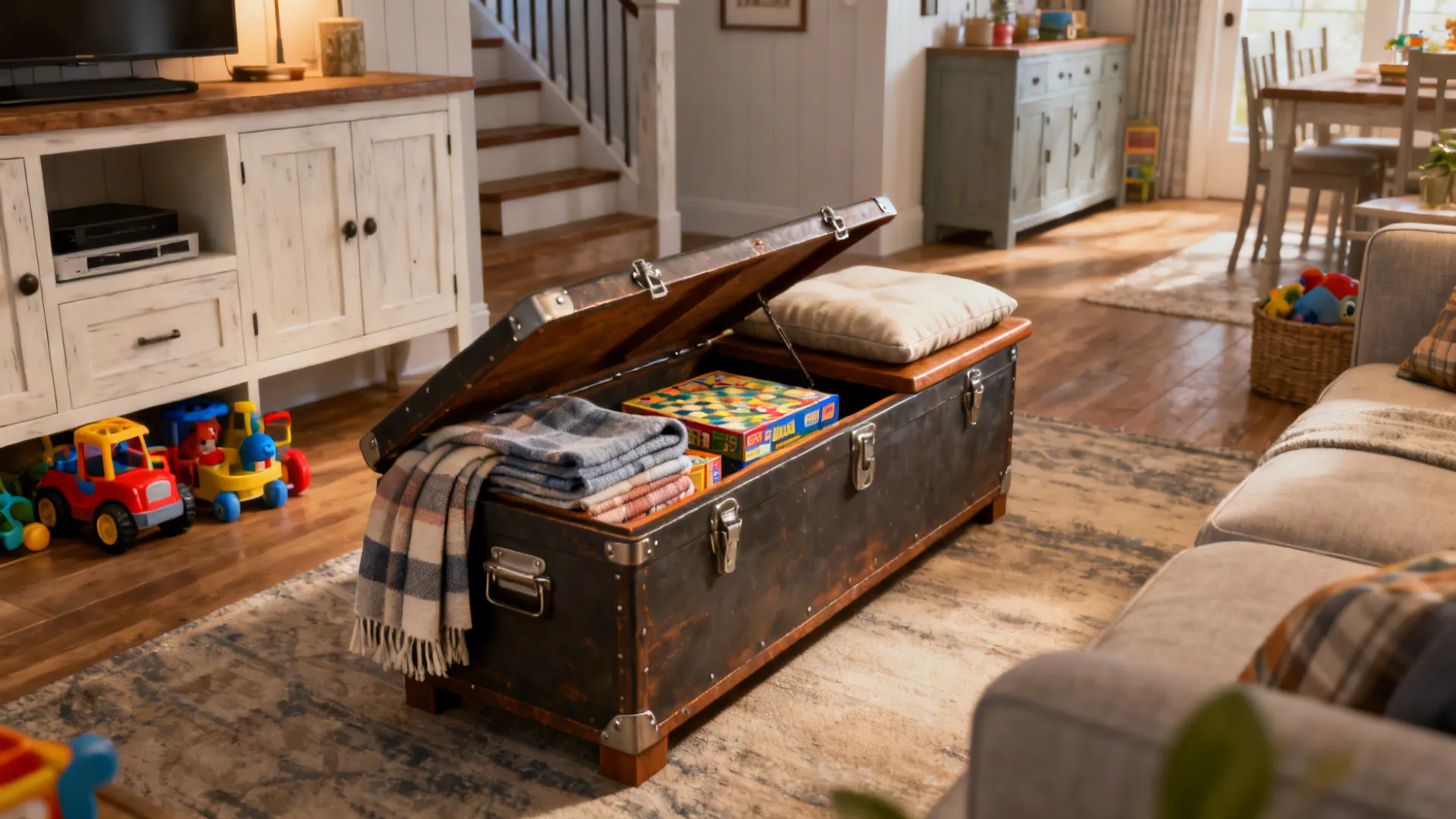 Narrow trunk-style coffee table used for storage and seating in a small living room