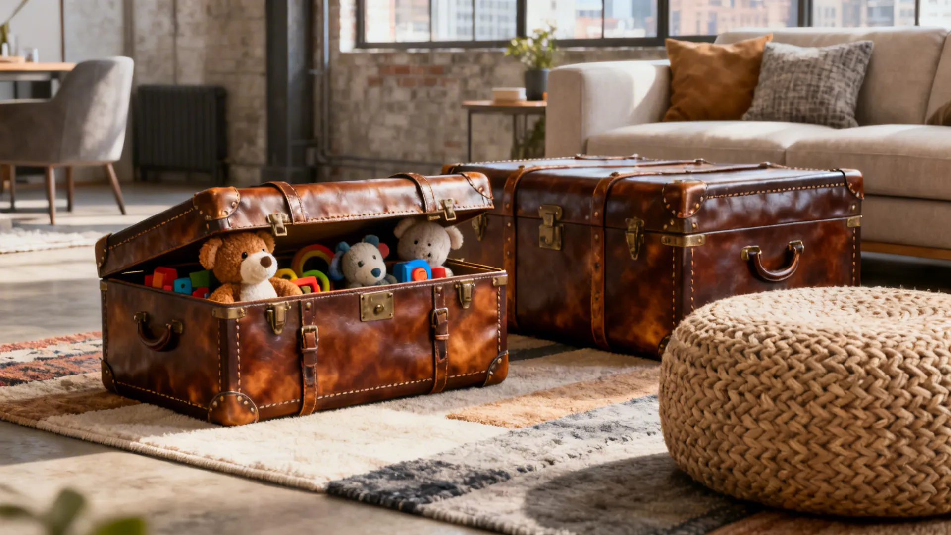 Two brown leather storage trunks on rug with soft toys inside a bright living room