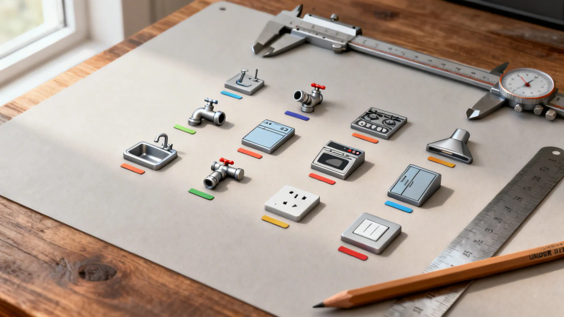 Flatlay of kitchen service tokens resembling CAD blocks for plumbing and electrical on a neutral desk.