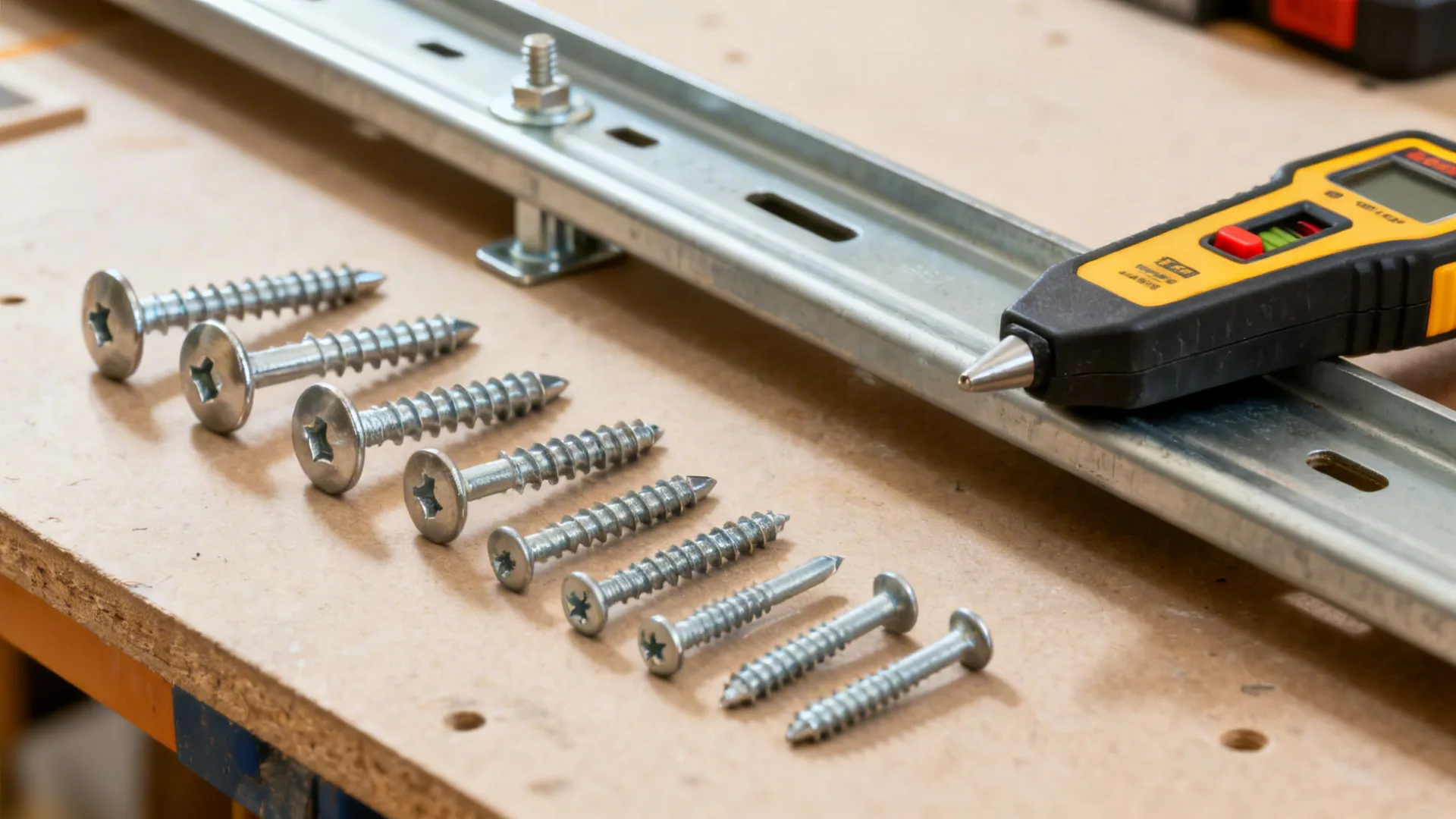 Close-up of heavy-duty anchors, fasteners, and a rail section on a workbench.