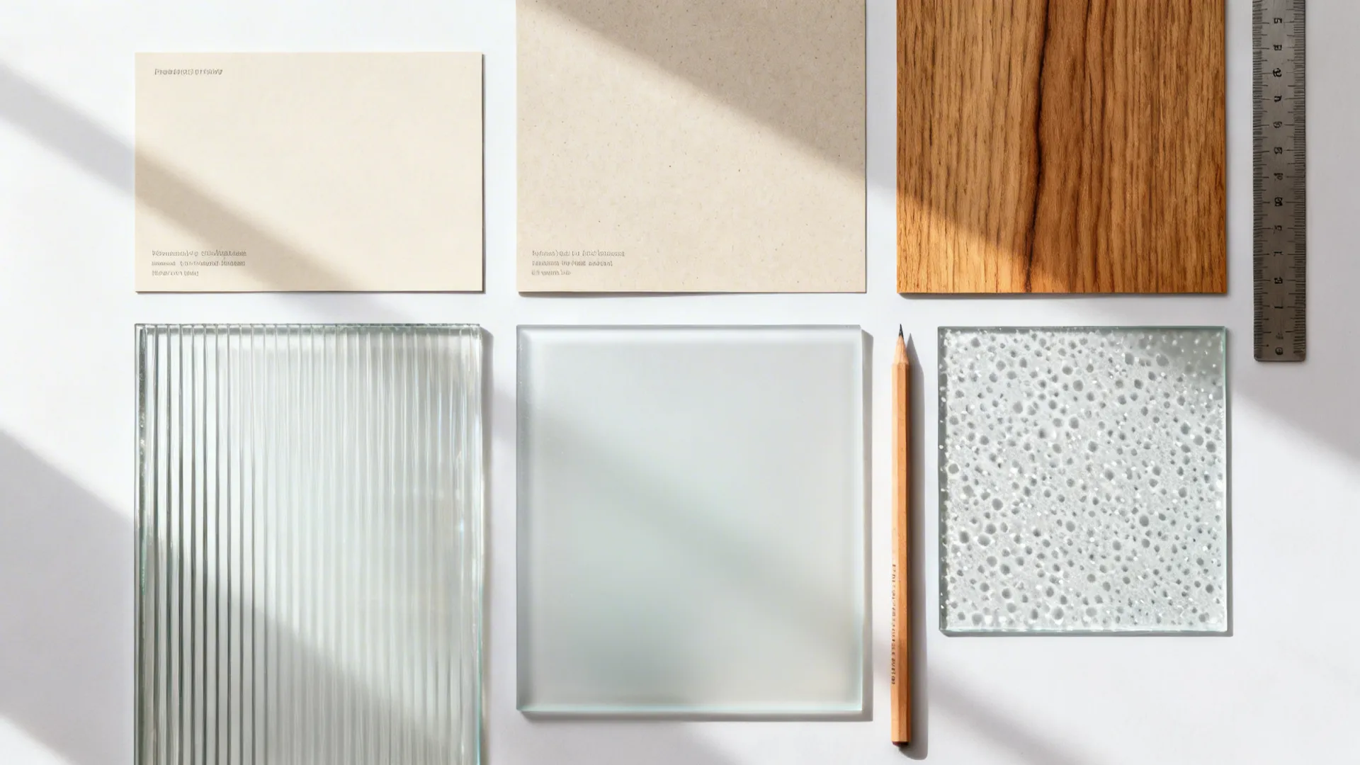 Mood board with glass swatches—clear, reeded, frosted, seeded—on a neutral background.