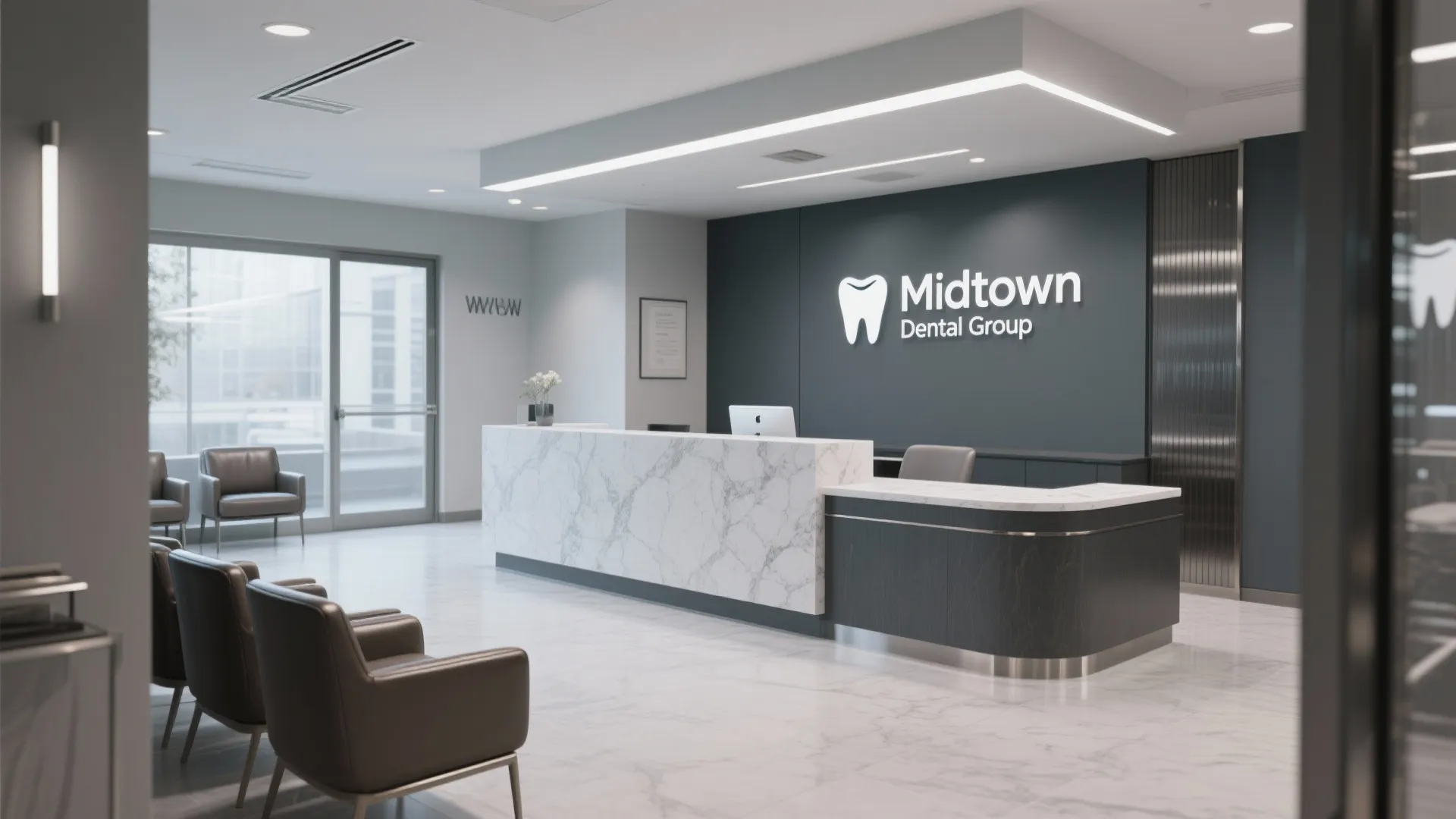 Modern dental clinic reception area with marble desk grey chairs wall logo bright light fixture