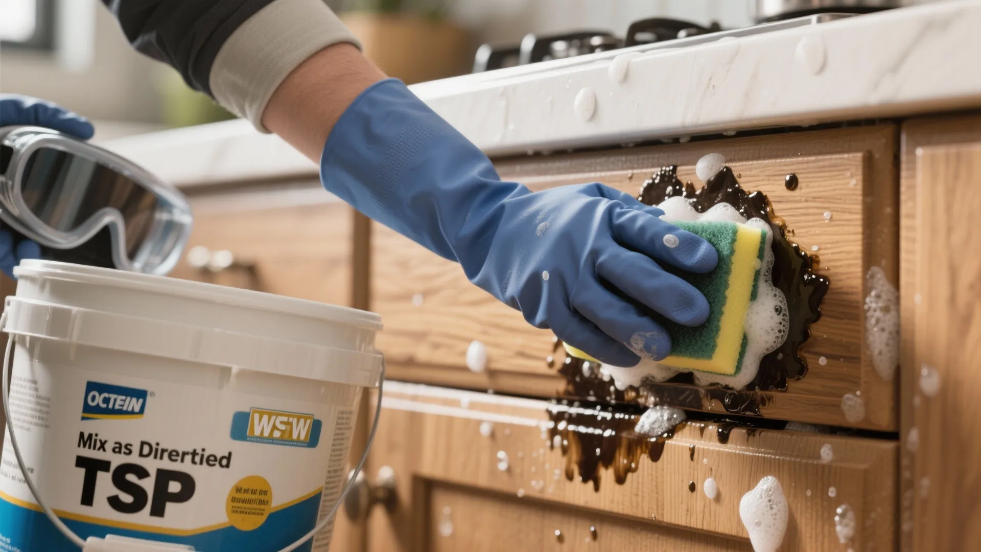 Hands in blue gloves using sponge and foam to clean wooden kitchen cabinet with bucket