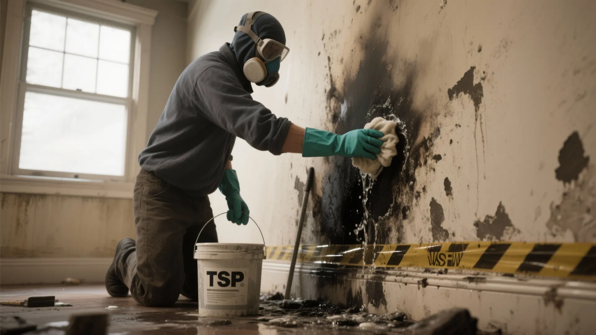 Person wearing a mask cleaning a dirty black wall stain using a bucket and cloth