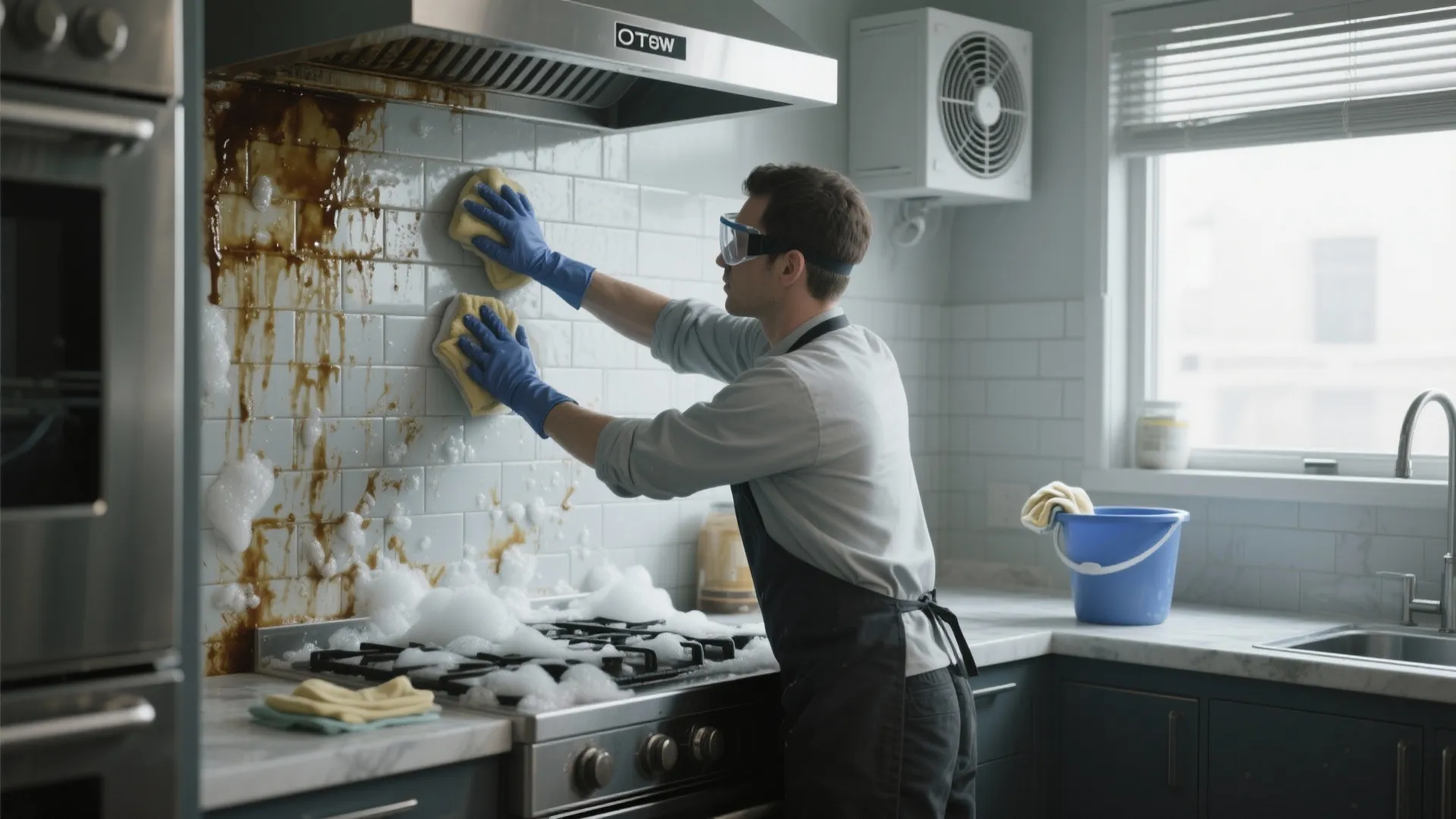 Man wearing blue gloves scrubbing greasy kitchen wall tiles with soapy sponge near gas stove