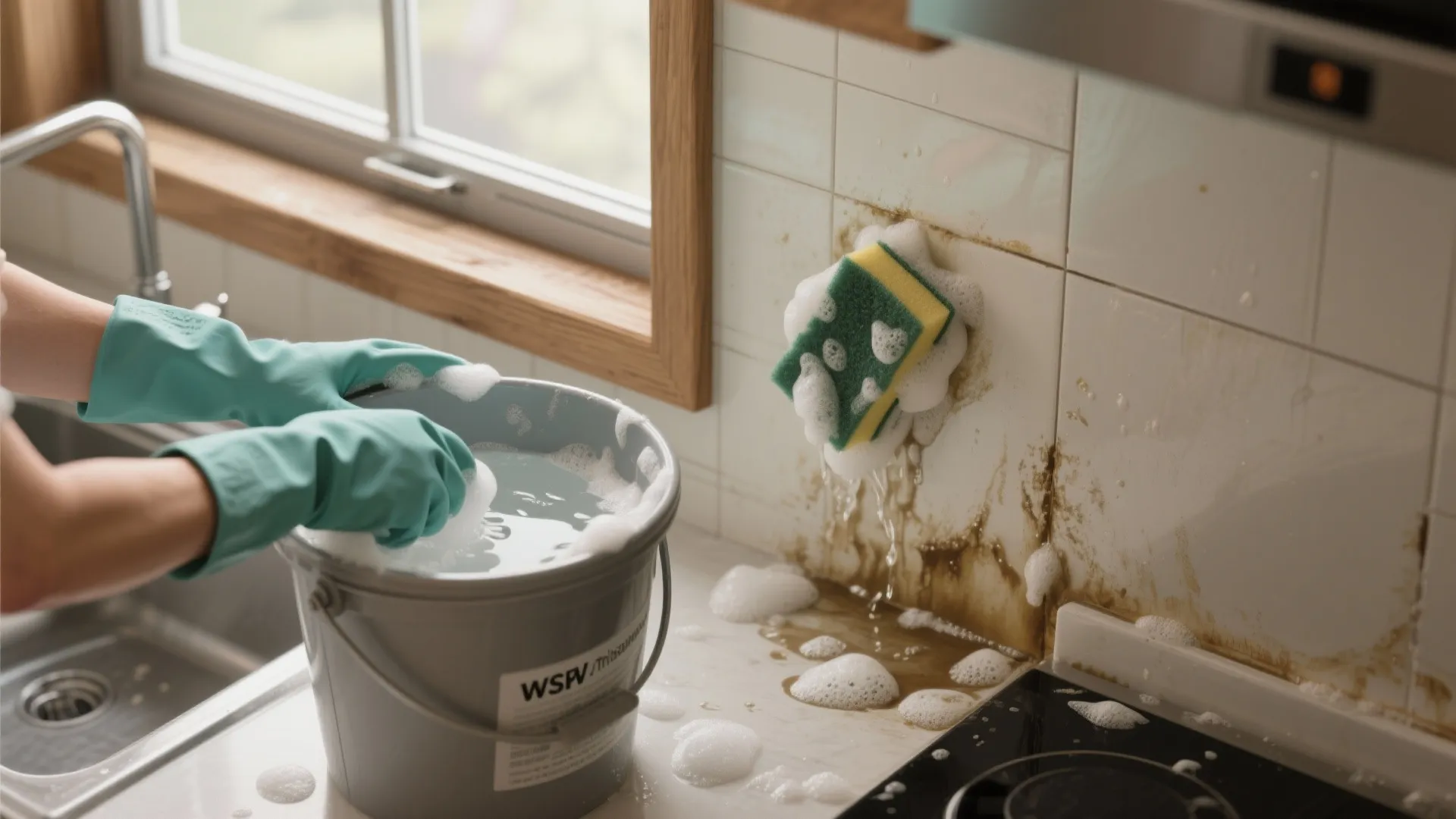 Person in green gloves cleaning grease from white kitchen tiles with soapy water and sponge