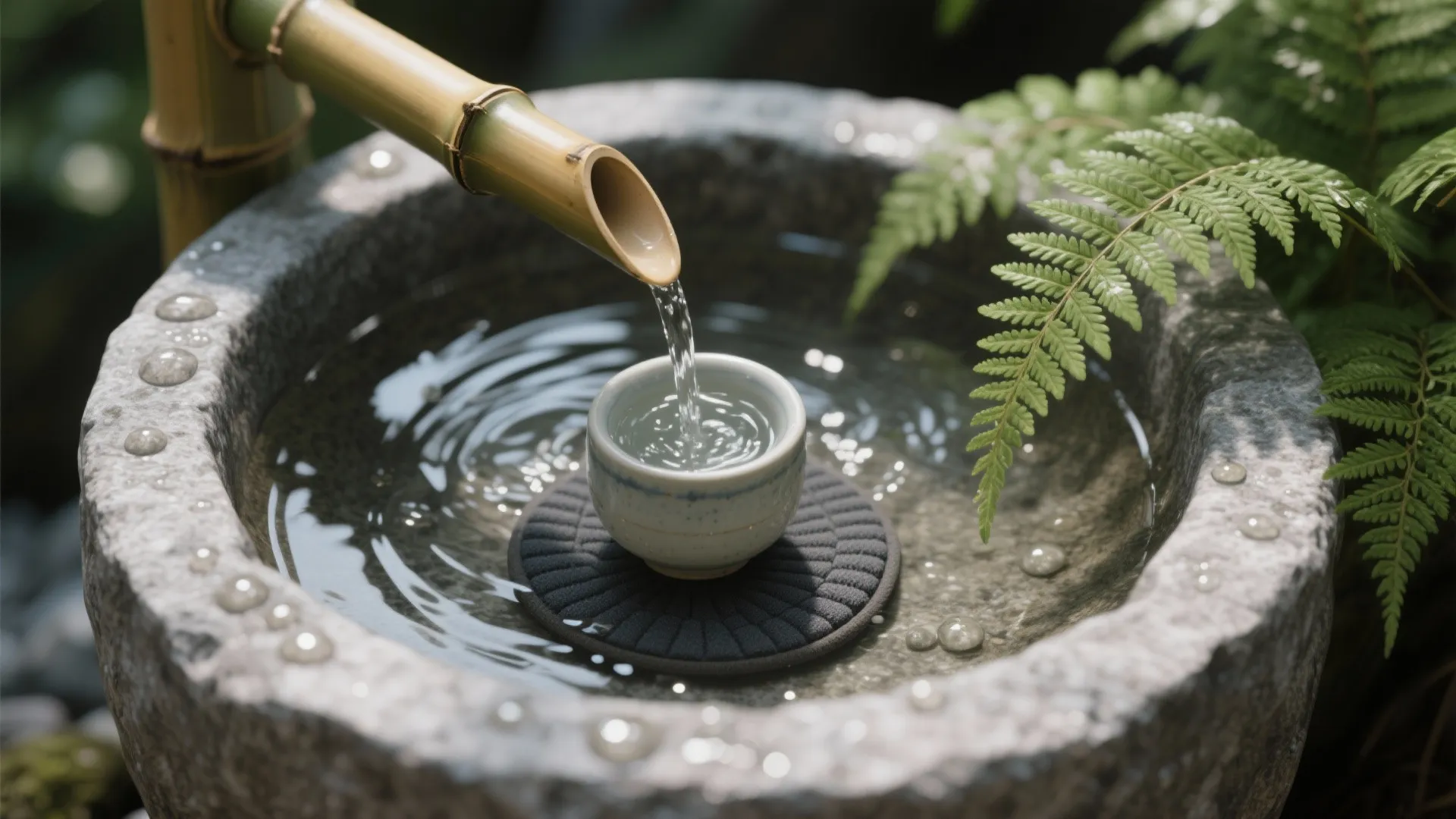 Macro view of a tsukubai water bowl with bamboo spout and fern, showing ripples and stone texture.