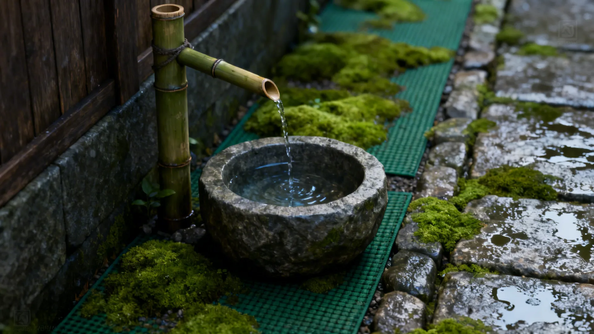 Tsukubai stone basin with bamboo spout surrounded by lush moss mats in a shaded corner.
